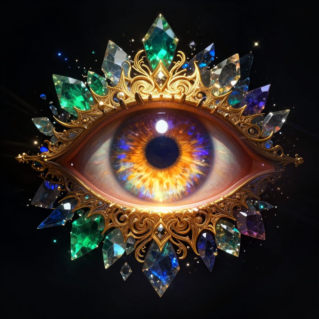 A meticulously crafted digital illustration of a luminous eye, encased within an ornate golden frame, suspended in a dark void. The eye pulses with inner radiance, its irises glowing in rich shades of amber and deep violet, while its pupils hold a mysterious, otherworldly depth. Surrounding the eye are shards of shattered crystal and gemstones—each piece rendered with intricate textures: cracked surfaces, faceted edges, and subtle reflective highlights that catch the light like miniature stars. The golden frame is adorned with delicate, interwoven patterns of gold leaf and subtle filigree, adding a sense of regal craftsmanship. The composition centers the eye as a radiant focal point, with the shards radiating outward in a dynamic, fractal-like arrangement that creates depth and movement. The lighting is dramatic and directional, casting sharp highlights on the eye and gemstones while leaving deep shadows in the surrounding void, enhancing the mystical atmosphere. The color palette is dominated by a dark, velvety black background, punctuated by vibrant contrasts of emerald green, cobalt blue, molten gold, and warm brown. The overall feeling is one of enchantment and intrigue, evoking a sense of wonder as the viewer is drawn into the enigmatic gaze of a being both ancient and transcendent.
