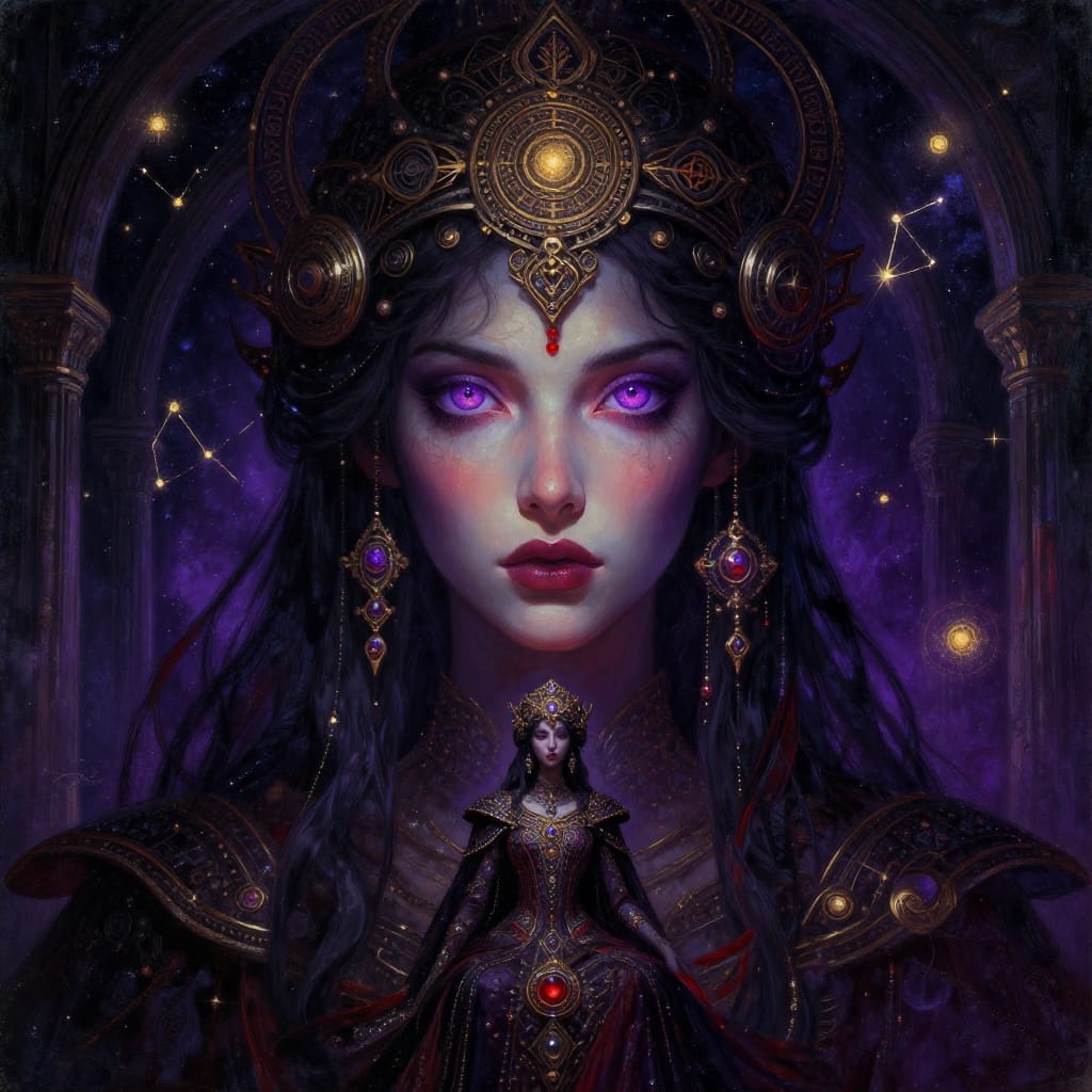 A digital painting on canvas featuring a woman with striking purple and red eyes, her face illuminated by dramatic lighting that highlights the depth and mystery of her gaze. She is adorned with an intricate headdress of interlocking symbols and metallic filigree, each element rendered with meticulous detail to convey ancient power and symbolism. A smaller figure in an ornate, jewel-encrusted outfit sits slightly behind her, adding a touch of quiet reverence. The background is a vast starry sky dotted with constellations and celestial bodies, their golden light creating a luminous contrast against deep indigo and obsidian tones. The composition centers on the woman’s face, with subtle architectural elements—arched stone pillars and floating orbs—framing the scene and enhancing its surreal depth. The lighting is dramatic and directional, casting sharp highlights on her eyes and the figure’s features while leaving deep shadows that amplify the mystical atmosphere. The color palette blends dark obsidian, deep violet, rich crimson, and gold accents, creating a harmonious contrast that emphasizes the supernatural and ethereal quality of the scene. The overall feeling is one of profound wonder and otherworldly allure, where every detail—symbol, light, texture—conveys a sense of timeless magic and hidden meaning.