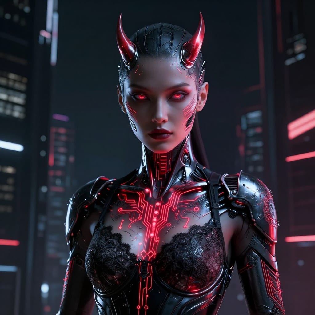 A woman with a cyberpunk aesthetic stands centered in a dark, futuristic urban landscape, her form rendered with hyper-detailed textures on a digital canvas. Her metallic skin reflects cool gray light, adorned with glowing red circuit-like lines that pulse faintly across her torso and face, creating a dynamic interplay of organic and synthetic. She wears sleek, sleeveless armor with intricate lace detailing on the top, featuring subtle metallic accents that catch the ambient light. Her sharp, metallic horns are tipped with a soft red glow, adding a touch of warmth to her otherwise cold appearance. She is fully armored with layered cybernetic plating, including glowing tattoos of fractal patterns and circuitry that shimmer under the ambient light. Her large eyes are reflective, framed by delicate, glowing red lines that trace their path across her forehead, adding a personal, almost sentient touch. The composition is tight and intimate, with her figure dominating the frame against a background of dark skyscrapers and neon signs that cast long shadows and create atmospheric depth. Soft directional lighting from above highlights her features and creates a gentle gradient across her skin, enhancing the contrast between light and shadow. The digital canvas renders the scene with hyper-detailed textures: the grain of the metallic surface, the weave of lace, and the subtle sheen of her glowing elements. The color palette consists of deep metallic grays, striking red highlights, rich black shadows, and clean white highlights. The overall atmosphere is mysterious and otherworldly, evoking advanced technology merging with organic form in a world where identity is both flesh and machine.