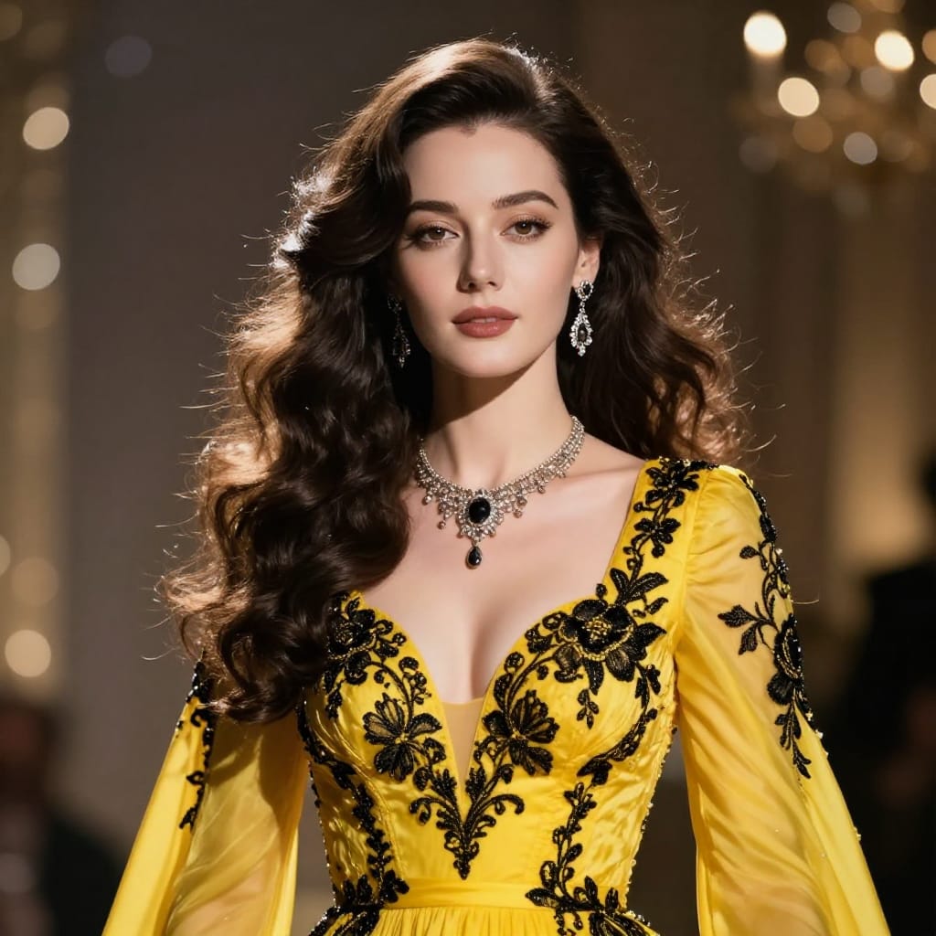 A close-up portrait of a woman in an elegant yellow dress with intricate black floral embroidery, her voluminous waves of hair catching soft light. She wears a lavish necklace and matching earrings that accentuate her refined features. The scene is set against a softly lit background with bokeh lights creating a dreamy, starry effect. Artificial studio lighting with warm tones casts gentle highlights on her face and dress, while the bokeh adds depth and elegance. The composition balances her central presence using the rule of thirds, with her figure occupying the midground and the background lights creating a harmonious bokeh field. A portrait lens captures her in sharp detail, emphasizing the texture of the yellow fabric, the delicate embroidery, and the smooth skin. The overall atmosphere is glamorous, sophisticated, and celebratory, evoking a high-end event or formal gathering. The color scheme is warm and rich, dominated by the vibrant yellow of the dress, with contrasting black and silver accents adding depth and luxury to the scene.