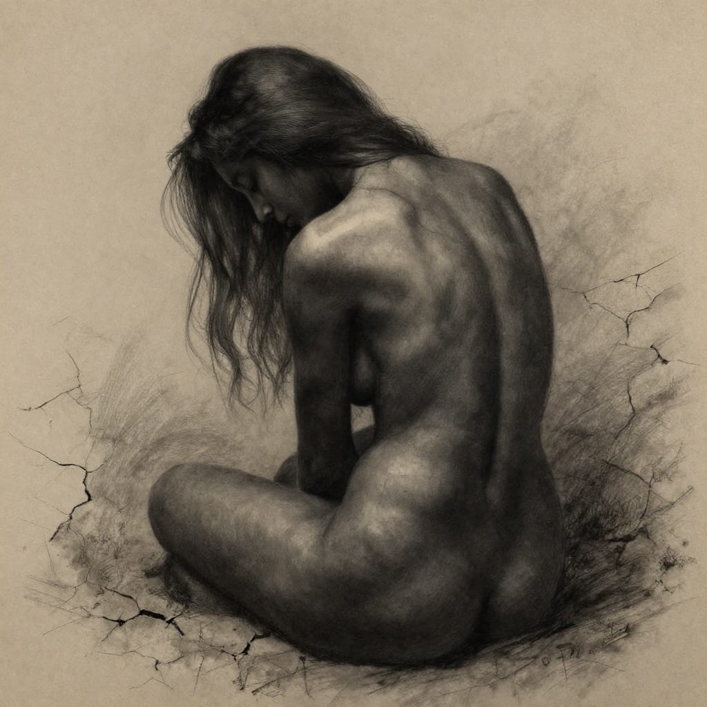 A charcoal illustration of a nude female figure from the back, her head bowed and body leaning gently to one side, her long dark hair cascading down her back in flowing tendrils. Rendered in exquisite detail with fine charcoal strokes that emphasize the natural contours of her form and the subtle texture of her skin. The background is a cracked, earthy surface resembling dried soil, its fissures and layered tones adding depth and contrast to her quiet presence. Soft, diffused lighting casts gentle shadows across her shoulders and spine, enhancing the three-dimensional quality of her form while maintaining a muted, contemplative atmosphere. The monochromatic color palette of deep blacks, grays, and warm beiges creates a somber yet reflective mood, evoking melancholy and introspection. The composition is simple and centered, with her back facing the viewer, allowing the background’s organic texture to frame her quietly. Artistic style blends realism with subtle surrealism—her form is lifelike yet slightly dreamlike in its emotional weight, while the charcoal’s fine brushwork and layered shading convey both texture and depth. The overall feeling is one of quiet introspection, emotional depth, and a tender sense of sorrow.