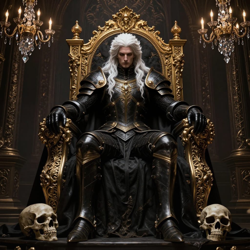 A regal, gothic fantasy digital art scene rendered in hyper-detailed 3D vector composition with high-resolution textures. The central subject is a majestic figure seated on an ornate, dark throne, its surface adorned with intricate gold filigree that catches soft light, while two weathered, bone-like skulls rest at its base, adding an ominous presence. The figure wears a black leather armor with prominent gold accents, their white, flowing hair cascading around their regal face. The throne is surrounded by chandeliers of ornate crystal, their reflective surfaces glowing under a soft, dramatic light that casts intricate shadows across the dark, opulent backdrop of gothic architecture. The composition centers the figure with precise balance, using layered depth to emphasize the throne’s grandeur and the subject’s imposing presence. The digital canvas features smooth, realistic leather textures, polished gold highlights, and detailed carvings on the throne’s edges. Lighting is soft yet dramatic, creating a luminous contrast between the dark surroundings and the warm glow of the chandeliers. The color palette is dominated by deep black and rich gold, punctuated by the soft white of the hair and muted earth tones in the architecture. The overall feeling is intense, regal, and slightly ominous—a timeless fusion of power and hidden dread within the gothic fantasy setting.