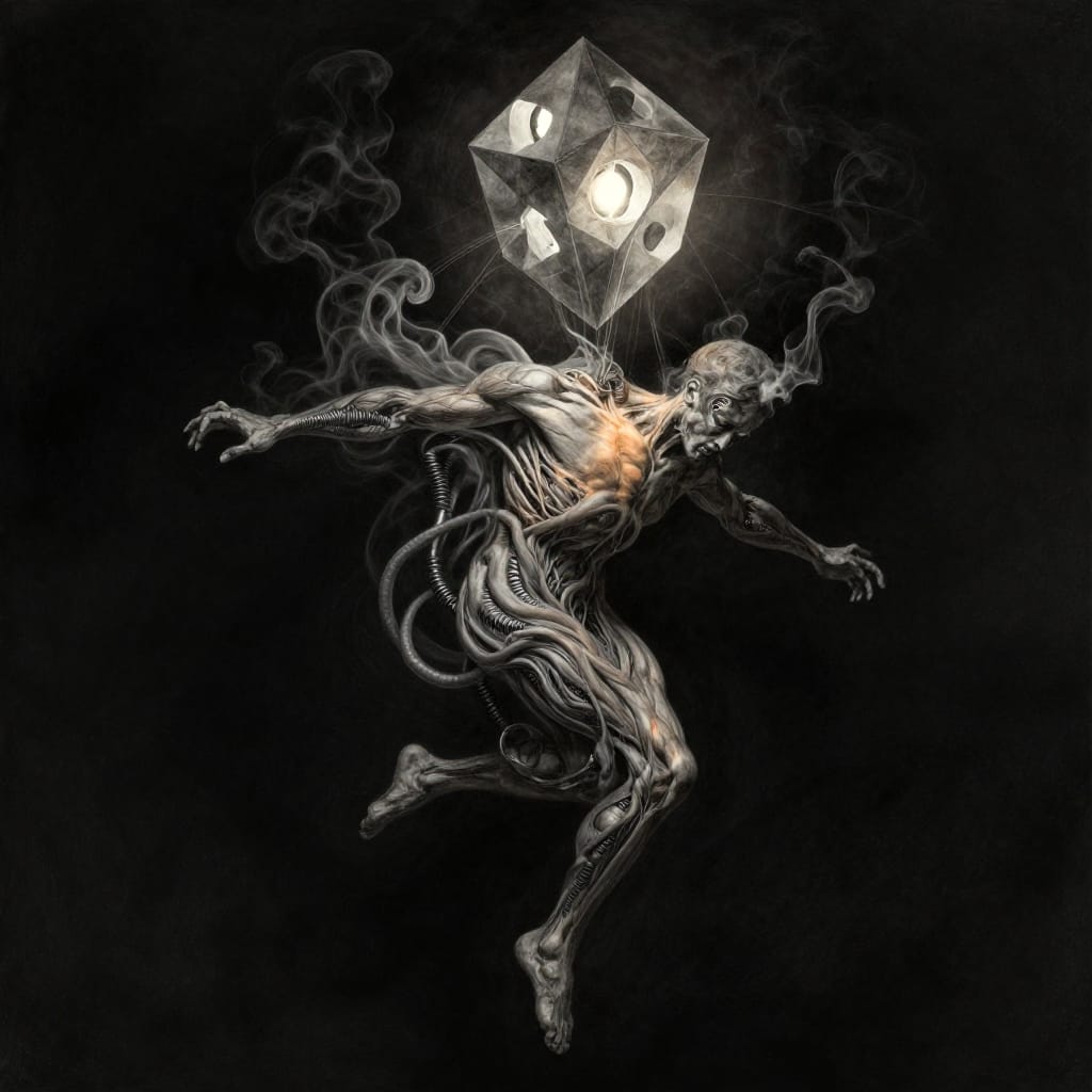 A graphite realism study of a human figure suspended in surreal motion, rendered with exquisite precision and intricate detail. The figure is compressed vertically into a squat, dense form of muscle and bone, mid-stride with one foot forward, caught in eternal motion. A floating geometric prism with impossible internal geometry floats above the head, its keyholes radiating streams of light that illuminate the eyes like tiny lanterns. Smoke trails coalesce into grasping shapes for arms, while beneath thin membrane skin, a writhing mass of wriggling worms pulses with life. Coiled pogo springs in the legs are ready to launch upward, their metallic springs glinting under the unknown light source. The figure’s face is a study of perfect proportions, with features defined by precise graphite lines. The background is absolute blackness, creating stark contrast that enhances every detail. The lighting is ethereal and mysterious, originating from an unseen source that casts soft highlights on the prism and keyholes, while shadows deepen the texture of skin and fabric. The color palette is minimal yet powerful: the figure’s form is illuminated in warm metallic tones, while the surrounding void remains in perfect obsidian black. The overall atmosphere is one of mind-bending surrealism, where the impossible coexists with perfect realism, evoking both awe and unease through its intricate complexity and unforgettable imagery.