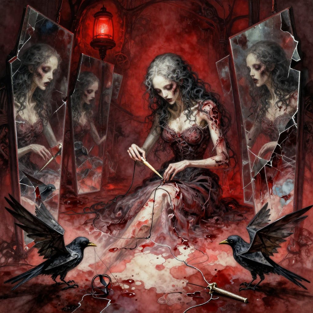 A masterwork of dark surrealist horror art in the form of a digital painting, rendered with H.R. Giger’s biomechanical influence, where organic forms merge with mechanical precision. The scene unfolds within an abandoned carnival, its decaying structures now fractured and reflective, each surface capturing distorted visions of a woman sewing her own shadow to the ground with thick black thread and a bone needle. The mirror maze, lined with cracked mirrors, reflects fragmented versions of her: one in a state of violent decay, another in a frozen moment of terror, each reflection a different death rendered in grotesque detail. Surrounding the central figure are origami ravens, their delicate origami wings now torn and bleeding—a visceral blend of fragility and violence. The composition is dominated by dim red emergency lighting that casts long shadows across the scene, creating an atmosphere of disorienting decay and psychological unease. The surface texture features watercolor blooms and backruns, where pigments pool in organic depressions, merging with the digital grain of the canvas to create a tactile, layered effect. The color palette is dominated by deep crimson, bone-white, and obsidian tones, punctuated by the cold glow of light and the warm blood of the ravens. Every element—from the bone needle’s texture to the ravens’ torn wings—conveys a sense of unsettling beauty and impending horror, capturing the moment when reality fractures under the weight of a dream.