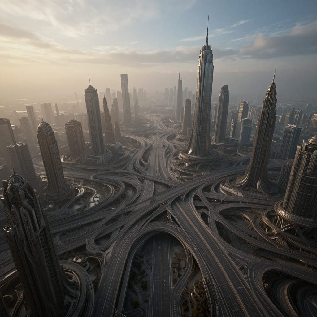 A sprawling, advanced urban environment characterized by towering skyscrapers and complex roadways that curve and intersect in a seemingly chaotic yet organized manner. The architecture blends organic shapes with mechanical precision, featuring structures that suggest both ancient craftsmanship and cutting-edge technology. Depicted during twilight or dawn, the scene is illuminated by soft, diffused light that creates a hazy effect in the sky, with hints of golden or soft blue rays breaking through wispy clouds. The composition is wide and expansive, viewed from a high vantage point looking down into a valley formed by the intricate network of roads. The surface is a high-resolution digital canvas rendered with precise lines and detailed textures that give the image a polished, futuristic appearance. The color palette is dominated by muted grays and browns, with subtle highlights on building facades and road surfaces creating contrast. The sky exhibits a soft blue hue with wispy clouds, enhancing depth and atmosphere. The artwork evokes a feeling of awe and complexity, with a slightly melancholic undertone due to the vastness and isolation of the city. The blend of natural and artificial elements creates a dynamic interplay between organic roadways and rigid skyscrapers, emphasizing the grandeur of a highly developed metropolis. The overall impression is one of wonder and isolation, highlighting the complexity of a futuristic city while hinting at its potential solitude.