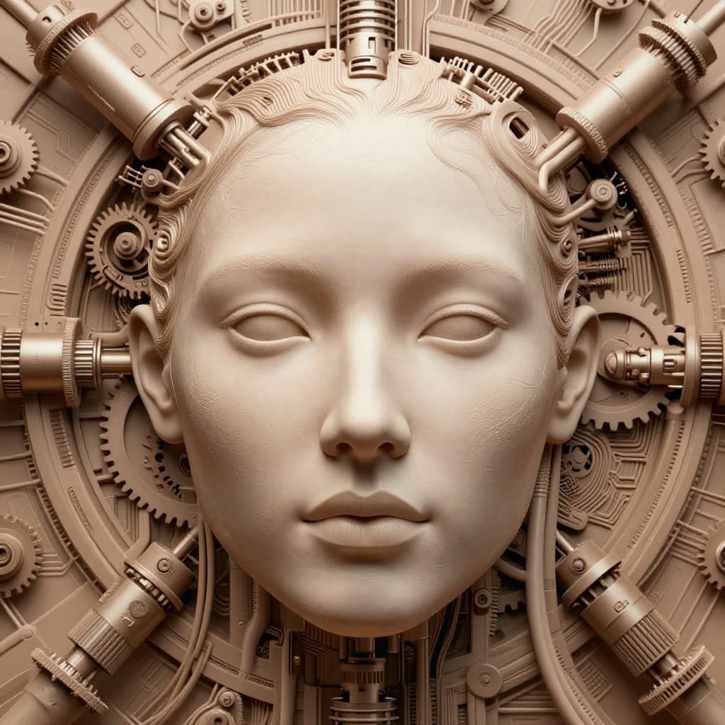 A meticulously detailed digital artwork depicting a human face centered within an intricate, symmetrical field of mechanical components. The face features smooth, lifelike features with delicate texture and subtle shading, rendered with hyper-realistic precision that captures every pore and strand of hair. Framed by a ring of interconnected gears, pistons, and circuit-like filaments arranged in radial symmetry, the composition balances organic softness with mechanical precision. Subtle directional lighting casts gentle shadows across the face and mechanical elements, enhancing depth and dimensionality through dynamic contrast. The color palette is monochromatic, dominated by warm beige and light brown tones with soft gradients that soften the edges of the mechanical structures, creating a harmonious blend of warmth and technology. Digital rendering ensures crisp lines, precise detail in gear teeth and circuit patterns, and a seamless integration of organic and synthetic forms. The overall atmosphere is mysterious and futuristic, evoking a sense of wonder through its intricate design, balanced symmetry, and fusion of biology and machinery.