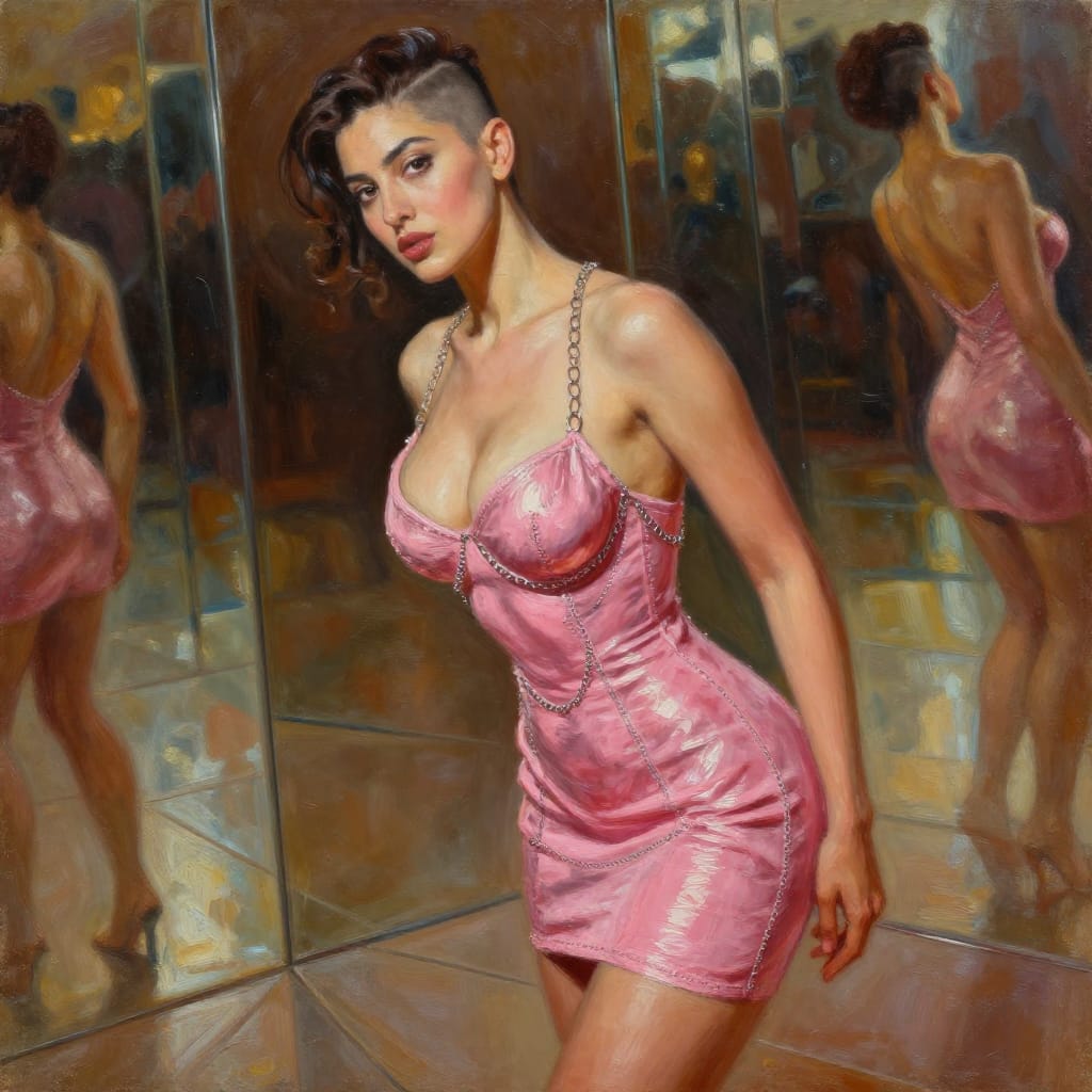 An oil painting depicting a 25-year-old Iranian woman with an athletic fit body, slim waist, toned arms/shoulders, and curvy hips, featuring an extremely large bust with strong cleavage and realistic weight. Her side part comb-over with high fade hair frames her round eyes. She wears a pink metallic chainmail mini dress with backless design and plunging cowl neckline, revealing sideboob and upper thigh. Posed in a deep back arch, she stands in a funhouse mirror room setting. The background features tiled flooring with small mirrors creating fragmented reflections, complementing the warm, soft lighting that highlights her form. The oil painting captures rich textures: thick impasto brushstrokes for skin and fabric, luminous highlights on metal chainmail, and subtle glazes for skin tones. The composition uses a Dutch Angle/Tilt to add dynamic tension, while the color palette blends soft pink, warm golds, and deep browns to evoke elegance and playful charm. The overall feeling is elegant, sensual, and whimsical, enhanced by the interplay of light, texture, and reflective surfaces.