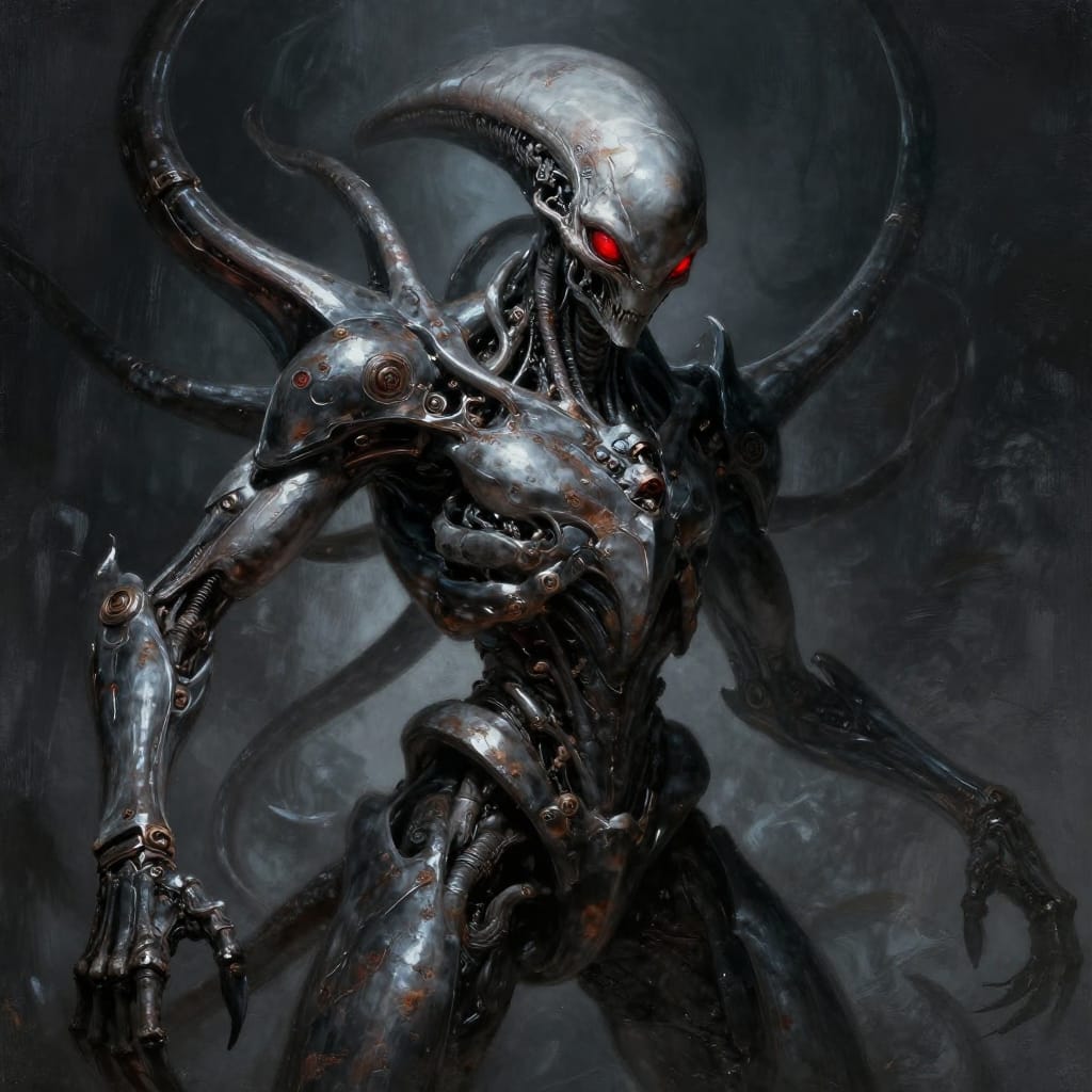 A biomechanical alien creature dominates the frame, its skeletal frame composed of smooth, metallic plates and intricate, jointed appendages that extend outward like tentacles from a central core. Its skull-like face features sharp, angular features with glowing red eyes that pierce the darkness, emitting an eerie inner light. The creature’s surface is a fusion of organic texture and cold metal, with fine lines and subtle rust-like imperfections adding depth. The composition centers the figure, with its limbs radiating outward in dynamic balance, creating a sense of overwhelming presence. A low, dramatic light source from above casts sharp shadows across its form, emphasizing the interplay of light and shadow that enhances the dark fantasy aesthetic. The monochromatic palette features deep grays, silvers, and blacks, accented by the intense red glow of the eyes and subtle metallic sheen on its surface. The brushwork is detailed and precise, with fine linework defining muscle structure and joints, while layered textures add dimensionality to the metallic skin. The overall atmosphere is one of chilling foreboding, evoking a sense of ancient, alien menace that commands attention through its stark visual contrast and haunting presence.
