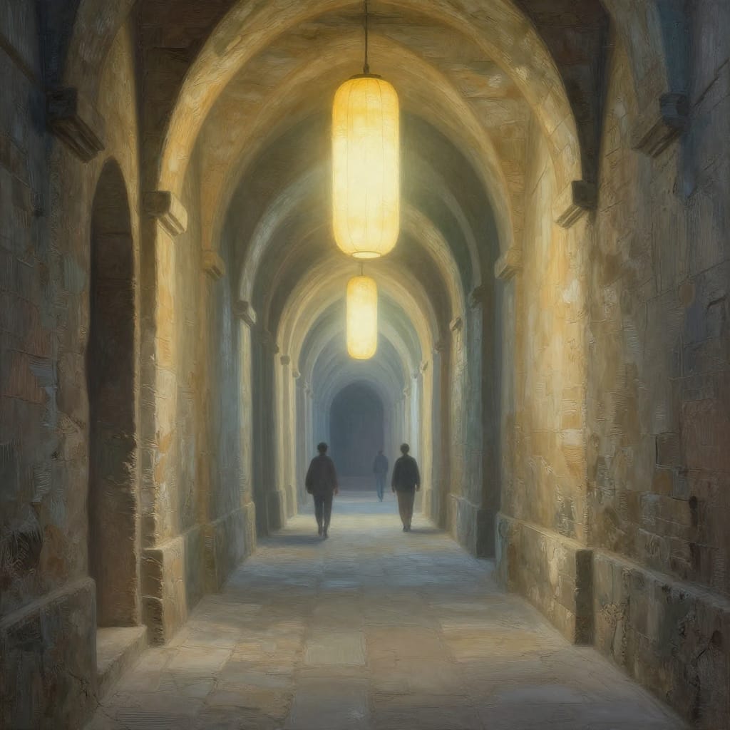 A serene, narrow alleyway with tall, textured walls that evoke a sense of history and depth, rendered in a detailed, textured style with meticulous brushwork capturing every grain of stone, crevice in brickwork, and subtle patina. The scene is illuminated by large, cylindrical lights in warm white and yellow, casting soft, diffused pools of light that contrast with cool shadows beneath the arches. Figures walk along the length of the alley, adding scale and movement to the composition from a low vantage point. The artwork features a realistic yet slightly surreal style, with subtle distortions in perspective and luminous highlights suggesting a dreamlike quality to the scene. The composition is centered, drawing the eye down the alley toward a luminous focal point above. The lighting is soft and ambient, creating a harmonious balance between light and shadow that enhances depth and atmosphere. The color palette consists of neutral earthy tones—creams, grays, and muted greens—punctuated by the warm yellows and whites of the lights, which radiate a comforting glow. The overall feeling is peaceful and contemplative, evoking quiet introspection through the interplay of light, shadow, and texture. The artwork is rendered in a realistic yet slightly surreal style, with subtle distortions in perspective and luminous highlights that suggest a dreamlike quality to the scene.