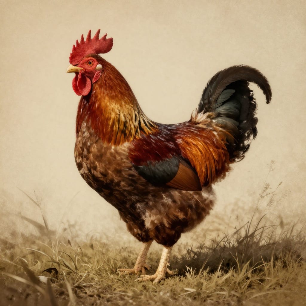 A digital painting of a rooster standing on a textured grassy mound, rendered with a vintage, sepia-toned aesthetic. The rooster is richly detailed: its feathers display vibrant textures of earthy browns, warm yellows, and deep blacks, with a prominent, textured comb and wattle that catch the light. The background is a soft, muted beige or tan with subtle grain, enhancing the aged feel. The lighting is natural, simulating sunlight from the upper left that casts gentle shadows on the grass and highlights the rooster’s form. The composition places the rooster slightly off-center to the left, anchored by the lush mound as foreground. The overall atmosphere is nostalgic and serene, evoking a sense of timeless natural beauty. The artwork feels like a hand-painted vintage illustration, with brushwork that mimics hand-drawn texture and a warm, aged sepia glow that softens edges and deepens shadows.