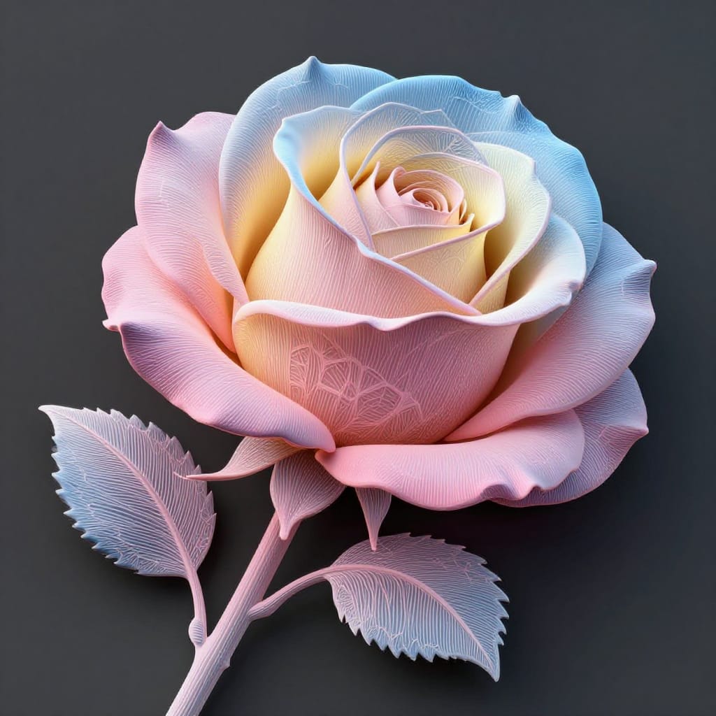 A meticulously rendered three-dimensional rose in hyper-detailed digital art, positioned centrally on a flat dark charcoal background. The rose features an elegant gradient transition from soft pink at the base to radiant yellow mid-ribs and cool blue at the top petals, with intricate geometric patterns etched into each petal’s structure. The leaves are layered with fine texture, their edges gently curved and surfaces catching soft highlights that define form. A single stem extends from the bottom left corner, creating balanced symmetry and depth. Subtle directional lighting casts gentle glows across petals and leaves, enhancing dimensionality without harsh shadows. The color palette blends muted warmth with cool blue tones, evoking a serene and sophisticated atmosphere. The geometric realism is achieved through precise linear contours and layered gradients, while the brushwork emphasizes fine detail in both organic flow and manufactured precision. The overall feeling is one of quiet elegance, where nature’s beauty meets the structured clarity of digital art.