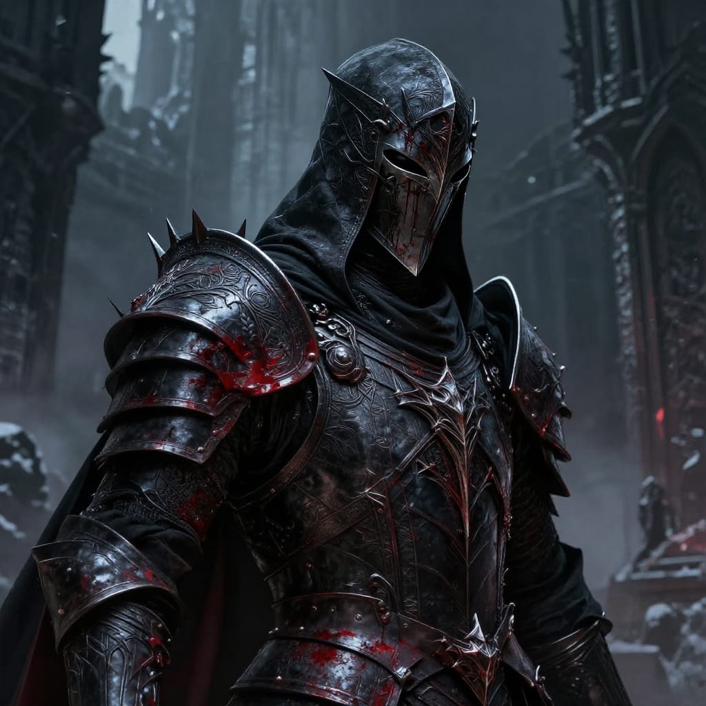 A hyper-detailed digital painting of a warrior in ornate dark armor, rendered with intricate textures and symbolic depth. The subject is centered in sharp focus, clad in layered armor featuring pointed, spiky edges on a hood and mask, with blood streaks visible on the face and across the shoulder plates. The dark, gothic structure of a castle or fortress looms in the background, its stone walls partially obscured by a thick atmosphere of snow or dust, creating atmospheric depth through subtle lighting. The foreground is dominated by the armor’s complex design, including metallic highlights and engraved details that catch the light. Lighting is soft yet deliberate, casting deep shadows that emphasize the texture of leather, steel, and fabric, while a faint ambient glow from within the fortress adds subtle contrast. The color palette features rich velvety blacks with bold crimson accents on blood and metal highlights, creating a striking visual harmony. The artistic style blends dark fantasy with gothic realism, evoking a sense of gritty, intense combat history and enduring strength. The overall feeling is one of somber triumph, where every line and shadow tells a story of battle and resilience.