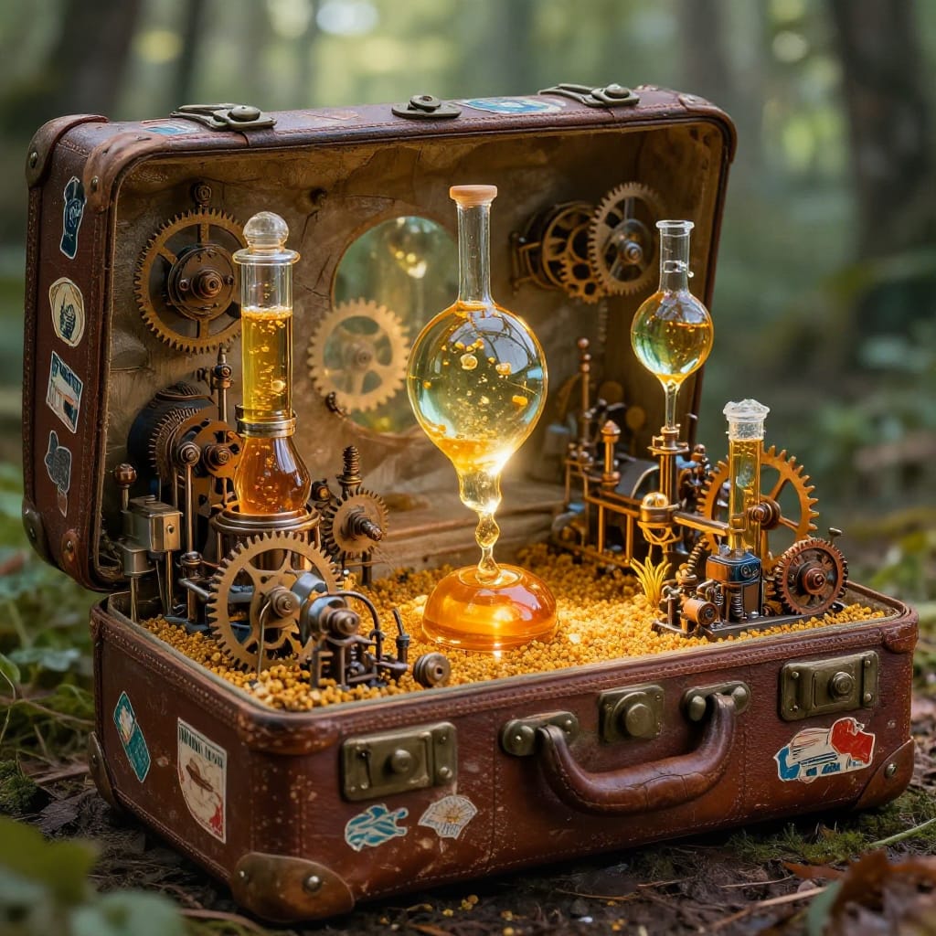 A masterwork of surreal art, a magical realism photograph capturing an impossible scene rendered as mundane. Inside an aged leather suitcase, its surface worn with travel stickers in faded hues of blue, red, and green, lies an apiary laboratory—a surreal fusion of nature and machinery. Glass tubes filled with golden honey glisten under soft natural light, their surfaces reflecting delicate patterns of pollen and sunlight. Intricate mechanisms—gears, cogs, and crystalline lenses—hover mid-motion, their edges catching a warm glow that contrasts with the cool tones of the leather. The composition centers on the suitcase’s cracked surface, its texture rendered with tactile detail, while the background dissolves into a dreamlike blur of forest and sky. The lighting is soft and diffused, enhancing the golden hour atmosphere, with a color palette of earthy browns, warm golds, and muted greens that evoke both wonder and quiet intimacy. Every element—from the leather’s creases to the honey’s shimmer—conveys intricate craftsmanship, creating a visually striking tableau where the ordinary meets the extraordinary in harmonious balance.