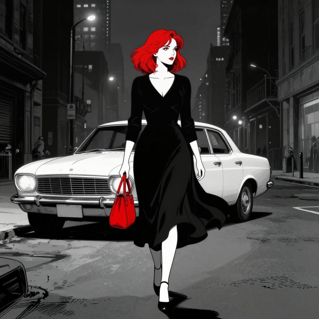 An illustrated woman with vibrant red hair walks confidently down a dimly lit urban street, her long-sleeved black dress flowing gracefully as she holds a small red hand handbag. Behind her, a classic white car rests on the side of the road, adding vintage charm to the scene. The artwork is rendered in a monochromatic style with selective color highlighting, where red defines her hair and the handbag against the grayscale background. The illustration features clean lines and bold defined edges characteristic of comic book or graphic novel style, with precise brushwork capturing every detail of her posture and the car's silhouette. The composition centers on the woman, her confident stance guiding the viewer’s eye forward as she walks toward the horizon. The background includes towering city buildings and distant streetlights, their soft glow contrasting with the deep shadows that envelop the scene. Atmospheric lighting creates a moody, noir-like atmosphere, with the car’s headlights casting warm highlights that cut through the darkness, while the rest of the frame remains in shadow. The color palette is primarily monochrome, punctuated by the striking reds for her hair and handbag, which serve as focal points and create visual contrast. The overall feeling is one of enigmatic allure and quiet mystery, evoking a sense of movement and intrigue as the woman walks through a world of shadow and light.