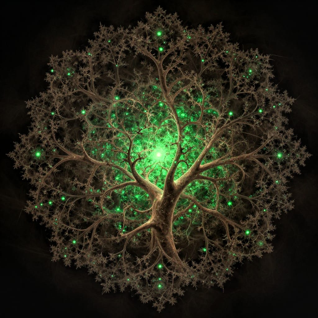 A fractal tree with intricate, branching patterns radiates outward from a central point in a computer-generated image. The tree’s structure is layered with recursive geometry, each branch dividing into smaller offshoots that form a complex, organic lattice. Small, glowing green spheres are scattered throughout the branches, their luminous glow contrasting against the dark, muted background. The lighting is soft and diffused, emanating from the tree’s center to create subtle shadows along the fractal lines, enhancing depth and dimensionality. The color palette is dominated by deep blacks and earthy browns, with vibrant emerald green accents that punctuate the composition like stars in a cosmic tapestry. The fractal art style emphasizes mathematical precision and natural complexity, while the organic form evokes a sense of life and mystery. The symmetrical radial arrangement invites contemplation, and the interplay of light and shadow adds tactile depth to the image. The overall feeling is one of quiet wonder and otherworldly beauty, as if the tree is alive with hidden energy and infinite possibility.