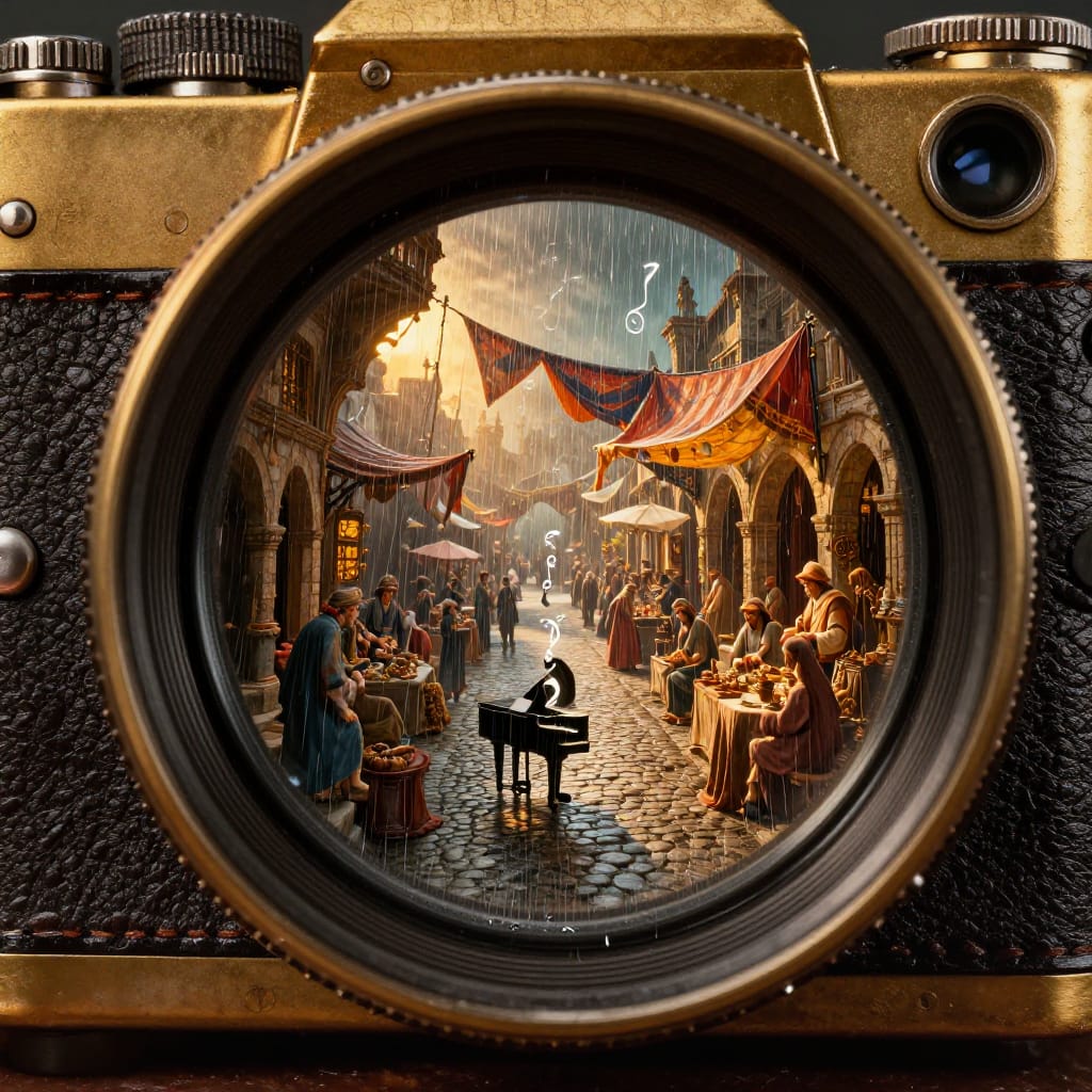 Concept art for impossible architecture rendered in matte painting technique, set within a vintage camera with its lens removed. The camera’s weathered brass body and leather casing frame a bustling medieval marketplace inside, where merchants with flowing tunics barter goods under a canopy of vibrant banners fluttering in the wind. The scene is illuminated by cinematic lighting—warm golden sunlight filtering through the camera’s aperture, casting deep shadows across stone arches and cobblestone streets. A rainstorm descends from the camera’s lens, where each raindrop is a tiny piano playing a delicate melody as it strikes the ground, creating shimmering musical notes suspended in the air. The composition is epic in scale, with intricate details capturing the texture of aged paper, the grain of wood, and the glint of metal. The atmosphere is dreamlike and surreal, blending the tangible warmth of medieval life with the magical whimsy of music made by water. The result is a masterwork of surreal art, impossible juxtaposition, and visually striking depth.