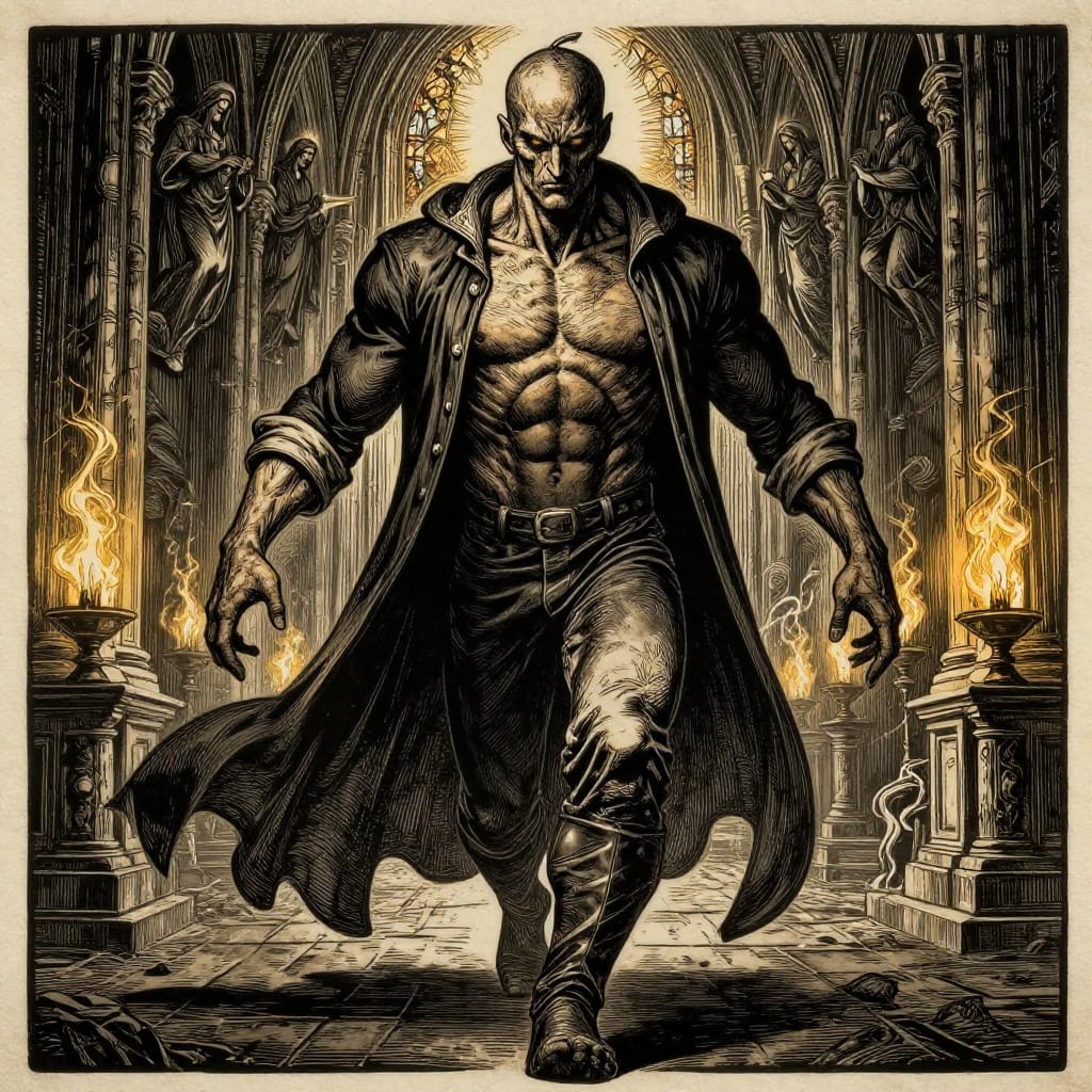 A masterwork woodcut print aesthetic with bold carved lines, high contrast, and tactile texture. The scene centers on a corrupted priest’s face in close-up, eyes burning with intensity, framed by soft-focus torso revealing sculpted chest and abs beneath an unbuttoned silk shirt. His arms are thick as thighs, arms extended in exaggerated comic book proportions, with a mountainous chest and V-tapered shoulders. He wears rolled sleeves and leather pants, his unbuttoned shirt revealing sculpted anatomy beneath. Mid-stride, one foot forward, a flowing coat or cloak trails behind him, catching the warm light. The setting is a gothic cathedral nave: towering columns rise above, stained glass saints hover above, and braziers flanking his position emit symmetrical golden glow. Smoke drifts between figure and viewer, softening the boundary between reality and myth. Dark fantasy aesthetic with intricate detail, powerful presence, and dangerous allure. The woodcut texture adds grain to paper, while bold lines define form and shadow, creating a striking contrast between the sacred and the corrupted, the ancient and the modern eye.