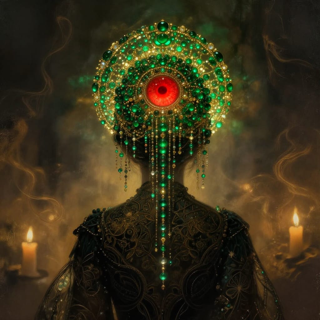 A digitally rendered fantasy portrait of a figure seen from behind, adorned in a dark, intricately patterned dress with delicate floral and geometric motifs. The headdress is an elaborate circular assembly of thousands of small, round, glossy beads in shades of emerald green and gold, forming a luminous halo with a central red eye-like motif that pulses softly. Beads cascade down from the headdress, creating a shimmering cascade that catches the light. The background is a smoky, atmospheric haze with faint tendrils of candlelight illuminating the scene in warm, golden tones, casting subtle shadows that deepen the mystical mood. The lighting is soft and ethereal, focusing on the central red eye and the glowing beads to create a dramatic, enchanting contrast against the dark fabric. The color palette combines deep forest greens, rich golds, and velvety blacks with warm highlights from the candlelight. The brushwork is precise and layered, emphasizing the intricate details of the hehead and the delicate texture of the dress. The composition centers the figure with the headdress as a dominant focal point, while the background’s atmospheric depth enhances the sense of mystery and enchantment. The overall feeling is one of enchantment, mystery, and a touch of surreal wonder, drawing the viewer into a fantastical realm where light and shadow dance in harmony with the figure’s presence.