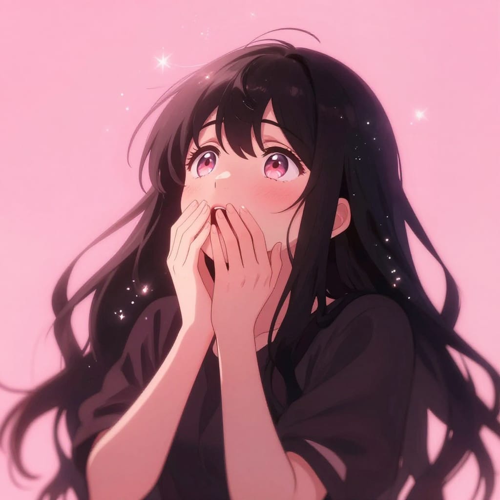 A dynamic anime-inspired digital illustration of a woman captured mid-surprise and wonder, her long, flowing dark hair cascading over her shoulders like liquid shadow. Her wide, expressive eyes meet upward with awe, eyes brimming with unspoken revelation, while her hands are raised to her mouth, fingers slightly parted in a gasp of discovery. Delicate sparkles of luminous light—tiny, glowing dots with soft edges—float around her head, catching the gentle glow and adding a dreamlike sparkle to the scene. The subject is centered in the foreground, her dark outfit blending seamlessly with her hair, creating a striking contrast against the vibrant, smooth background of soft pink that enhances her presence and amplifies the sense of mystery. The lighting is gentle and even, casting subtle highlights on her skin and hair without harsh shadows, creating a serene yet electric atmosphere. The brushwork is smooth and highly detailed, with delicate lines defining facial features and skin texture, while the sparkles are rendered as glowing dots with soft edges. The composition balances simplicity and complexity: a minimalist background contrasts with rich detail in the subject’s expression and attire. The color palette is dominated by warm pink tones, punctuated by deep black hair and clothing, and the luminous white of the sparkles, creating a harmonious yet vibrant visual language. The art evokes a feeling of quiet excitement, enchantment, and subtle magic, where a simple gesture holds the power to unveil a hidden truth.