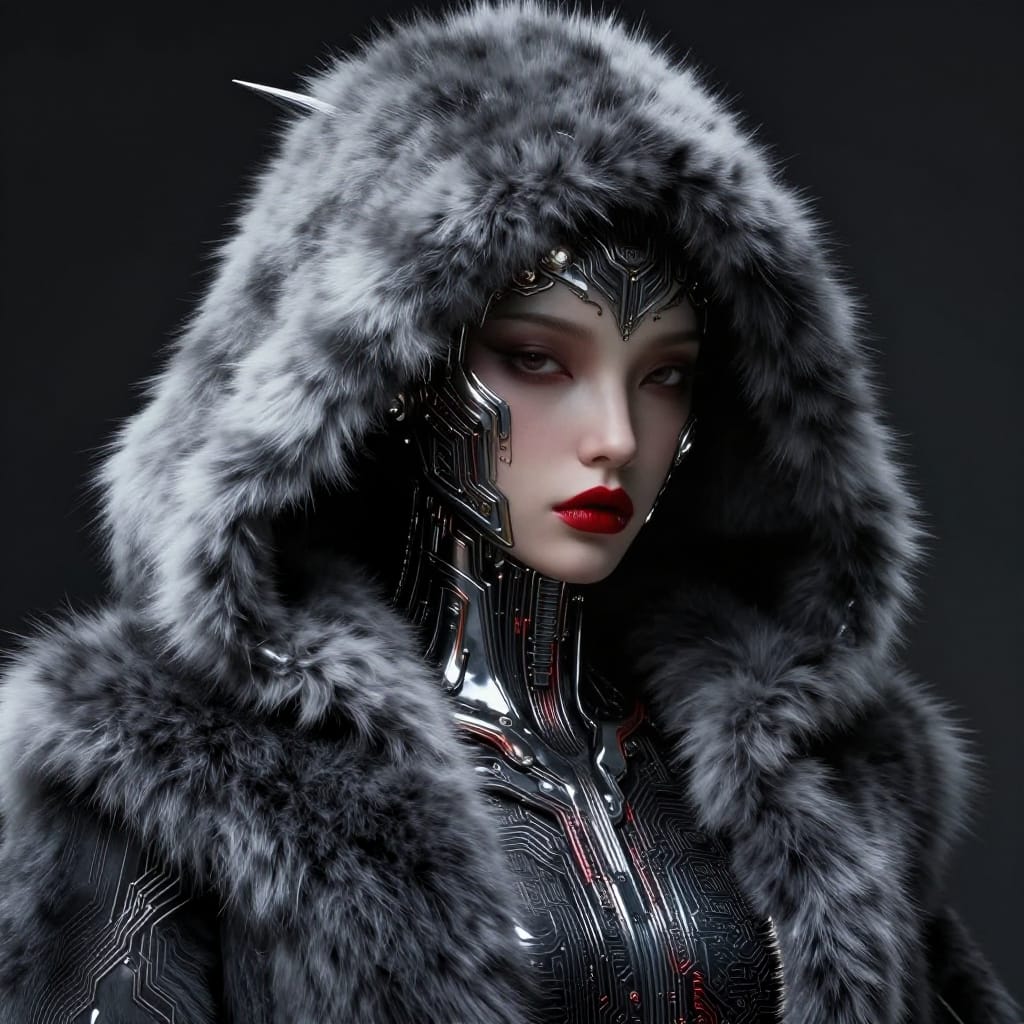 A hyper-realistic digital art illustration of a humanoid figure clad in a futuristic, fur-lined hood featuring intricate mechanical designs and pointed ears. The hood is composed of layered textures: soft, velvety fur with fine gradients contrasts sharply with metallic circuitry patterns that shimmer under dramatic lighting. The structured collar incorporates reflective metallic accents that catch the light, adding depth to the form. The subject wears a shirt with circuitry patterns mimicking electronic wiring, its surface rendered with meticulous detail to resemble real circuit boards. The composition is centered, focusing on the upper body and hood as the primary subject, with subtle depth created through overlapping textures and layered lighting. Lighting is high-contrast and directional from above, casting sharp, defined shadows that emphasize the fur’s soft texture and the metal’s reflective sheen. The color palette is dominated by deep grays, blacks, and muted whites, with a bold pop of crimson red on the lips and subtle metallic glows along the circuitry edges. The brushwork is meticulously detailed, with fine lines defining the mechanical patterns and soft gradients in the fur. The overall atmosphere is dark, mysterious, and atmospheric, evoking a sense of resilience and adaptation in a dystopian world where nature and technology coexist through seamless fusion of organic and synthetic elements.