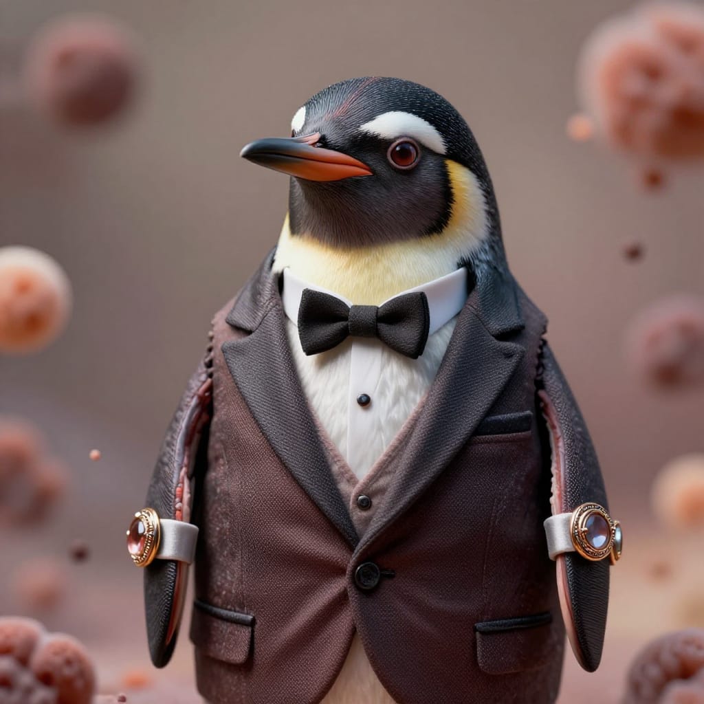 A masterwork of surreal art featuring a miniature world captured through macro photography with an impossible tiny scene centered on a penguin clad in a tuxedo made entirely of its own skin, including ornate cufflinks. The penguin’s sleek feathers blend seamlessly with the tuxedo’s fabric texture, creating a seamless fusion of nature and fashion. Rendered in exquisite detail, the image uses shallow depth of field to isolate the subject against a softly blurred, dreamlike background of floating particles and abstract shapes. The lighting is soft and diffused, with a gentle highlight on the penguin’s face and tuxedo collar, enhancing its lifelike quality. The color palette combines rich earth tones with subtle metallic sheens in the cufflinks, creating a visually striking contrast that elevates the scene’s dreamlike atmosphere. The composition is tight and focused, emphasizing the penguin’s expressive eyes and the intricate craftsmanship of its garment, evoking a sense of wonder through impossible juxtaposition and hyper-detailed realism.