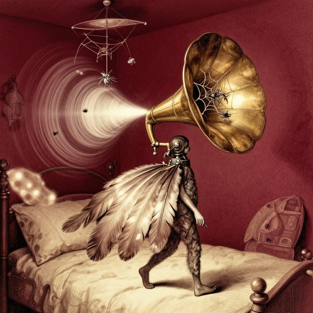 A technical pen illustration of a surreal figure emerging from a child's bedroom at night, rendered with architectural precision and crosshatching depth. The figure’s head is replaced by an antique gramophone horn emitting visible sound waves that ripple outward like liquid light. Its eyes are spider webs with captured flies still twitching, creating organic motion within the mechanical form. Feathers replace limbs: molting wings unfold like inflated balloons under pressure, their glossy surfaces catching soft ambient light. The figure walks away from the viewer, looking back over its shoulder with a subtle expression of quiet wonder. Set against a child’s bedroom with a spinning mobile casting slow, shifting shadows above, the scene is bathed in warm, golden moonlight that highlights the intricate textures of crosshatched lines and the delicate interplay of light on fabric, metal, and feather. The color palette combines rich burgundy walls, cream paper surfaces, and metallic accents of brass and deep red, creating a mind-bending fusion of whimsy and mystery. The atmosphere is disturbingly fascinating, with every line and detail contributing to an unforgettable, dreamlike tableau of impossible beauty.