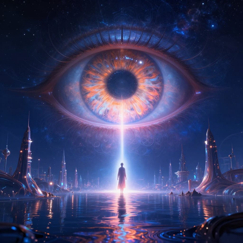 A vast, surreal digital artwork depicting an immense, intricate eye as the central subject, its glowing pupils filled with concentric patterns of light and shadow that radiate outward like celestial constellations. The eye dominates the background, creating a cosmic focal point against a deep indigo sky. In the foreground, a futuristic cityscape unfolds—tall spiky towers rise into the air, their surfaces reflecting prismatic glows from an unseen light source, while a body of water mirrors the scene in shimmering waves. At the center of the city stands a lone, ethereal figure on a pedestal, its form softly illuminated by a radiant beam that connects to the eye above. The figure’s presence is both intimate and mysterious, suggesting a bridge between worlds. The artwork is rendered in high detail with a focus on intricate textures: the eye’s surface features fine, repeating patterns resembling fractal geometry, while the city’s buildings exhibit organic, flowing curves that blend with geometric precision. Lighting is dramatic and ethereal, with soft highlights casting long shadows across the scene and creating a luminous glow around the figure’s outline. The color palette is rich and varied: cool blues and purples dominate the sky and water, contrasting with warm oranges and pinks in the eye’s luminous core and the figure’s radiant beam. The composition is balanced, with the eye anchoring the frame while the city and figure provide scale and narrative depth. The overall feeling evokes awe and wonder, evoking a sense of being watched by a powerful, otherworldly entity. The artwork conveys mystery and the unknown through its blend of science fiction and cosmic fantasy, inviting the viewer to contemplate the relationship between the figure, the city, and the eye above.