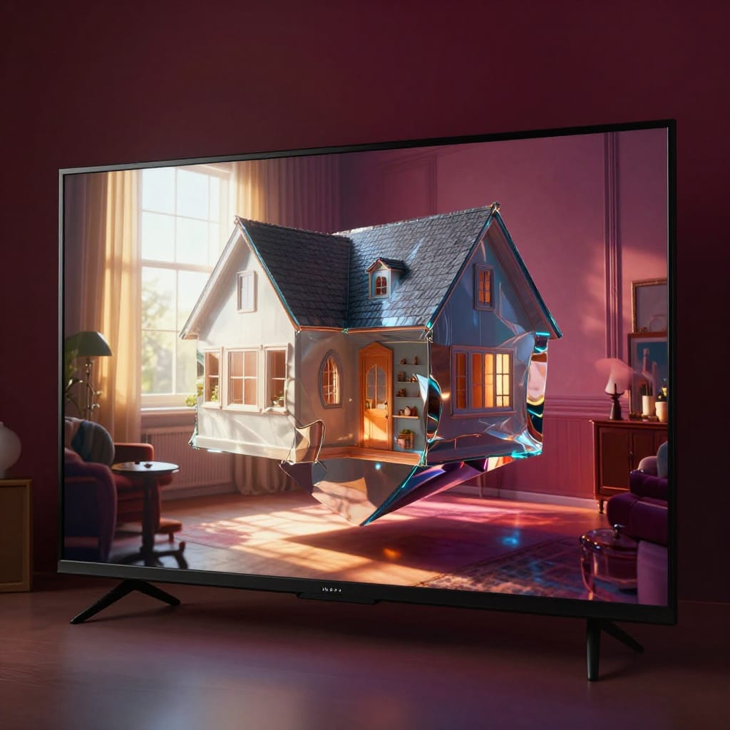 3D render of an impossible object using Octane render with physically based materials, studio lighting, and hyper-detailed textures. The scene features a television screen displaying a live feed from inside the viewer’s own home, where the camera captures an impossible juxtaposition: a floating house suspended in midair, its walls made of translucent glass reflecting distorted fragments of the viewer’s living room. The atmosphere is dreamlike, with soft focus on the screen’s edges and deep shadows casting intricate patterns across the room. The color palette blends warm, saturated tones from the indoor feed—golden sunlight through a window, deep burgundy walls—with cool, ethereal blues and silvers from the studio lighting. The object’s impossible geometry is rendered with razor-sharp precision: curved surfaces, fractal textures, and overlapping planes that defy perspective. The composition centers the television screen as a portal, drawing the eye into a surreal world where reality and imagination collide. The result is a masterwork of surreal art—visually striking, richly detailed, and emotionally evocative.