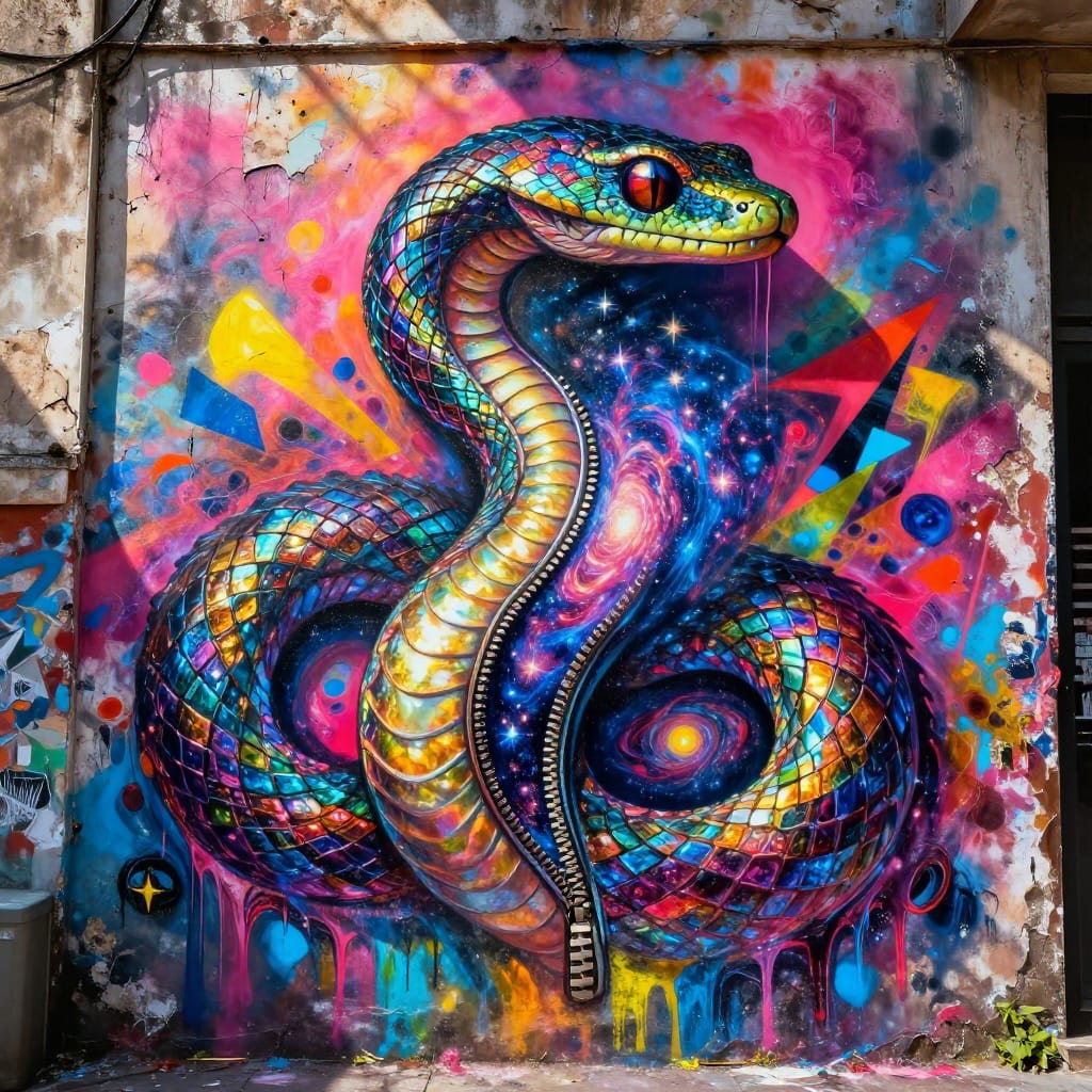 A masterwork of surreal art: a sprawling surrealist graffiti mural adorns a weathered urban wall, its surface textured with peeling paint, cracked plaster, and layers of spray paint drips that cascade like liquid light. At the mural’s center, a colossal snake coils around the wall, its body composed of vibrant, iridescent paint strokes that shimmer with impossible precision. Down its back runs a zipper made of metallic threads, partially unzipped to reveal a swirling galaxy of starlight inside—a luminous cosmos trapped within the reptile’s form. The composition is layered and dynamic: bold geometric shapes merge with organic curves, while the interplay of light and shadow creates a dreamlike atmosphere. The color palette is a vibrant explosion of neon pinks, electric blues, and golden yellows, punctuated by deep indigo shadows that deepen the sense of mystery. The brushwork is thick and expressive, with visible spray paint textures and overlapping washes that suggest chaotic creativity. The lighting is ambient yet magical—sunlight filters through a nearby window, casting soft highlights on the snake’s scales and illuminating the starlit interior. This work captures the impossible juxtaposition of nature and technology, organic and mechanical, in a single breathtaking moment of surreal transcendence.