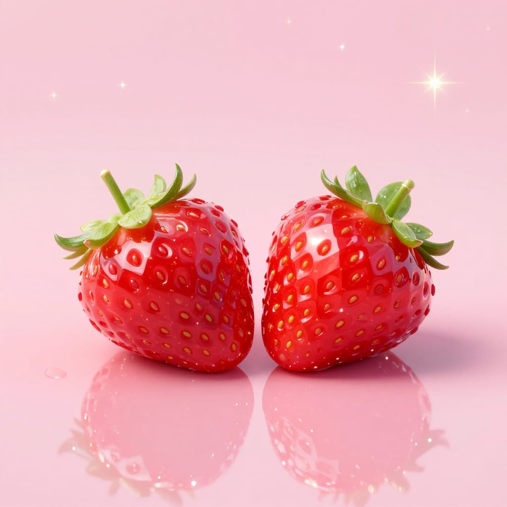 A digital art illustration featuring two glossy strawberries with a mosaic-like texture and reflective highlights, positioned slightly off-center on a smooth, reflective pink surface. The strawberries are adorned with vibrant green leaves and stems, their glossy surfaces catching light to create a three-dimensional illusion. The background is a simple, minimalist expanse punctuated by a soft, starry sparkle that adds movement and whimsy. The lighting is soft and diffused, casting gentle highlights across the strawberries and reflecting on the surface below. The color palette is dominated by rich reds from the strawberries, contrasted against the pale pink surface and the golden glow of the stars. The artistic style combines digital precision with a surreal, whimsical touch, emphasizing playful details like the starry background and the reflective quality of the fruit. The overall feeling is light-hearted and imaginative, evoking a dreamy, enchanting atmosphere through its delicate textures and radiant colors.