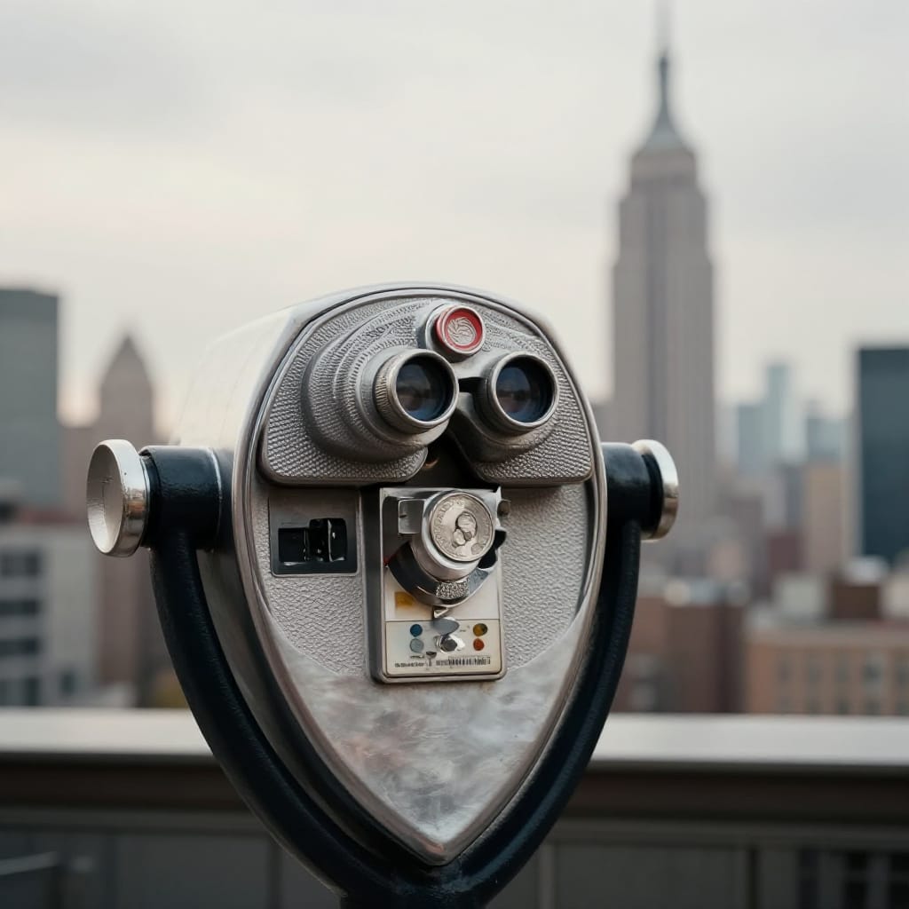 Coin-operated binoculars catch soft light, reflecting off their metallic surface. Quarters needed for use. Placed off-center, drawing eye to detail. Background shows blurred cityscape with tall building. Muted tones and shadows create calm, quiet observation.