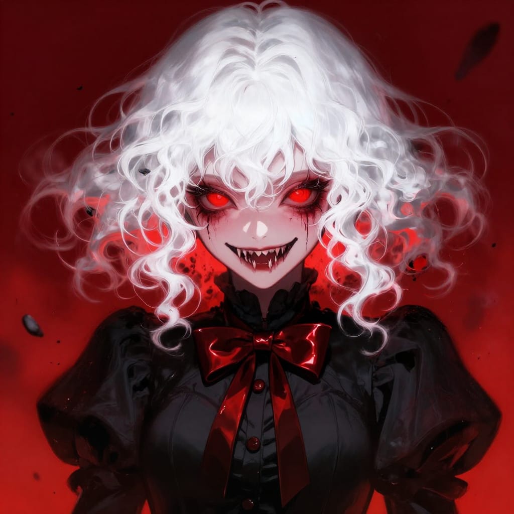A stylized anime-inspired character with voluminous curly white hair, glowing red eyes, sharp fangs, and a black outfit featuring a prominent bow. Rendered in digital painting on a digital canvas, the character occupies a centered close-up composition against a solid red background punctuated with subtle debris-like elements of ash and smoke. The lighting is dramatic and intense, with strong red tones casting deep shadows across the face and hair while highlighting the texture of the curly locks and the glossy sheen of the bow. The artistic style blends anime/manga aesthetics with gothic horror elements, emphasizing exaggerated features through highly detailed brushwork and smooth gradients that accentuate the voluminous hair, sharp teeth, and luminous eyes. The color palette is dominated by rich reds (background, eyes), deep black (outfit), and soft white highlights on the hair, creating high contrast and a sense of danger or excitement. The overall feeling is eerie, intense, and dramatic, evoking a moment of peril or electric anticipation.