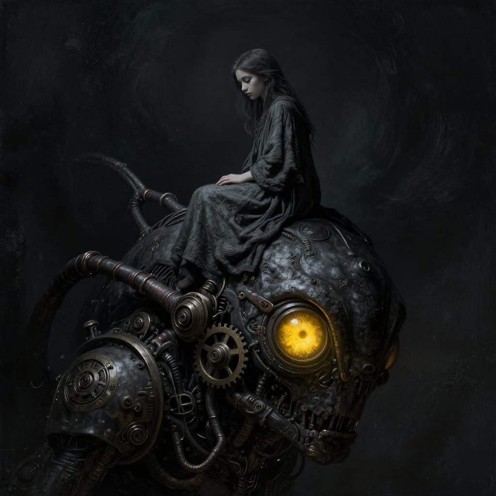 A dark, atmospheric digital illustration featuring a young girl perched on the head of an ancient, colossal steampunk-inspired creature with a glowing amber eye. The scene is bathed in low-key lighting from a single spotlight that cuts through the dark, textured background, casting deep shadows and highlighting every intricate detail of the subject. The girl, draped in layered fabric with subtle texture, stands in a vulnerable yet confident posture, her expression one of quiet trust and reliance. The creature, with its mechanical limbs and organic features, exudes a sense of ancient wisdom and quiet power, its design blending dark fantasy with steampunk elements such as brass gears, copper pipes, and weathered stone. The background is a dark, swirling void punctuated by faint glimmers of light, enhancing the mood of mystery and solitude. The monochromatic palette of deep grays and blacks is accentuated by the radiant yellow of the creature’s eye, creating a striking contrast that draws the eye to the central figures. The brushwork is detailed and precise, capturing the texture of fabric, the smoothness of skin, and the intricate mechanical design of the creature’s frame. The composition emphasizes the intimate connection between the girl and the creature, with the girl’s hand gently resting on the creature’s shoulder, evoking a sense of emotional depth and quiet strength. The overall feeling is intense and emotional—charged with mystery, solemnity, and a profound sense of connection.