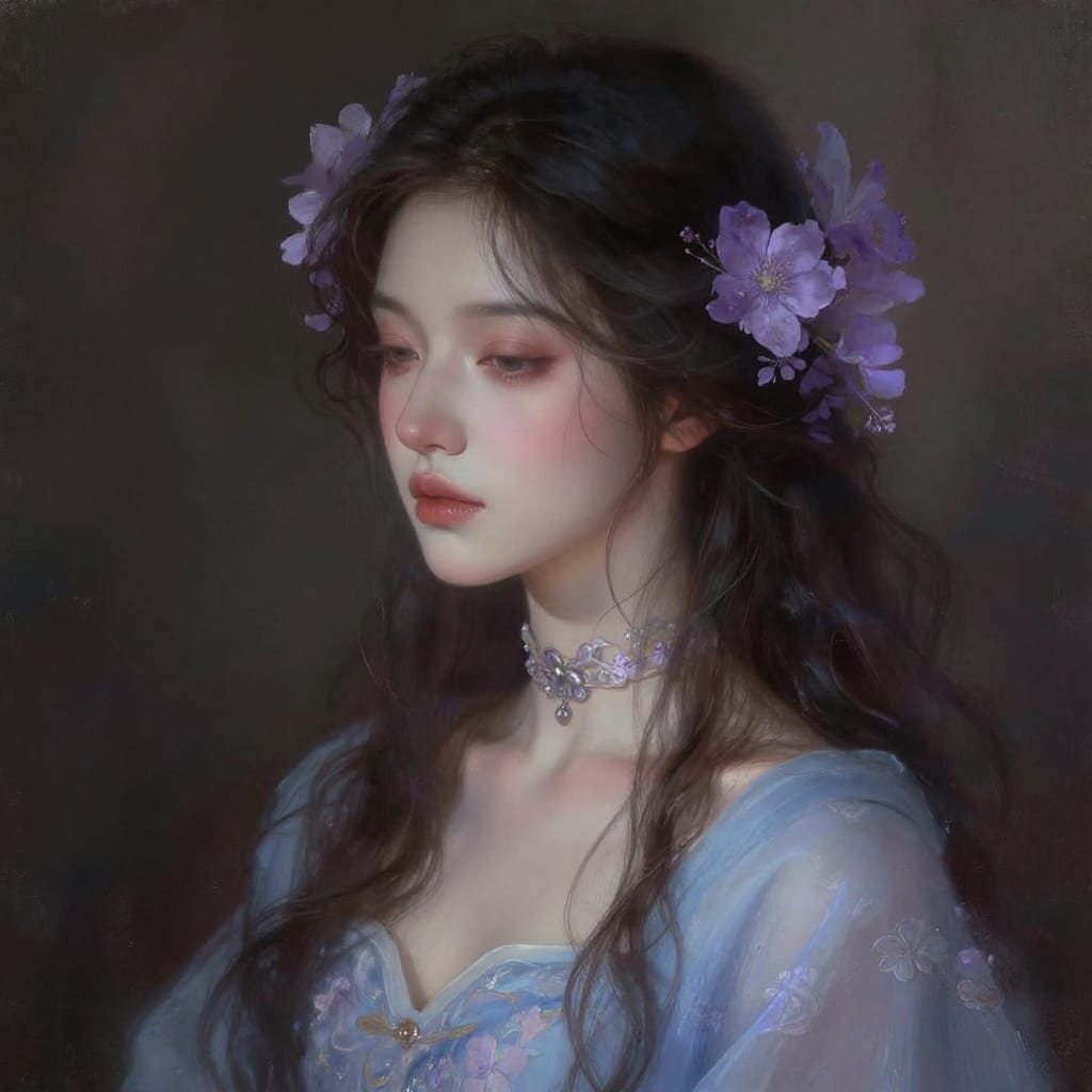 A digital painting of a young woman with long, flowing dark brown hair adorned with delicate purple flowers and an intricate choker necklace. Her serene expression radiates introspection, her skin smooth and softly illuminated by diffused, romantic light. She wears a light blue garment with subtle floral patterns that complement the soft color palette of muted blues, purples, and earthy tones. The composition centers her gently, with a dark, out-of-focus background that isolates her as the emotional focus. The brushwork is highly detailed and refined, capturing the texture of her hair, the delicate petals in her hair, and the intricate floral motifs on her necklace. The lighting creates a gentle glow on her face and shoulders, enhancing the three-dimensional quality of the portrait. The overall feeling is one of tranquil beauty, timeless grace, and quiet contemplation, evoked through soft contrasts, harmonious color blending, and a classical portraiture aesthetic that balances realism with poetic elegance.