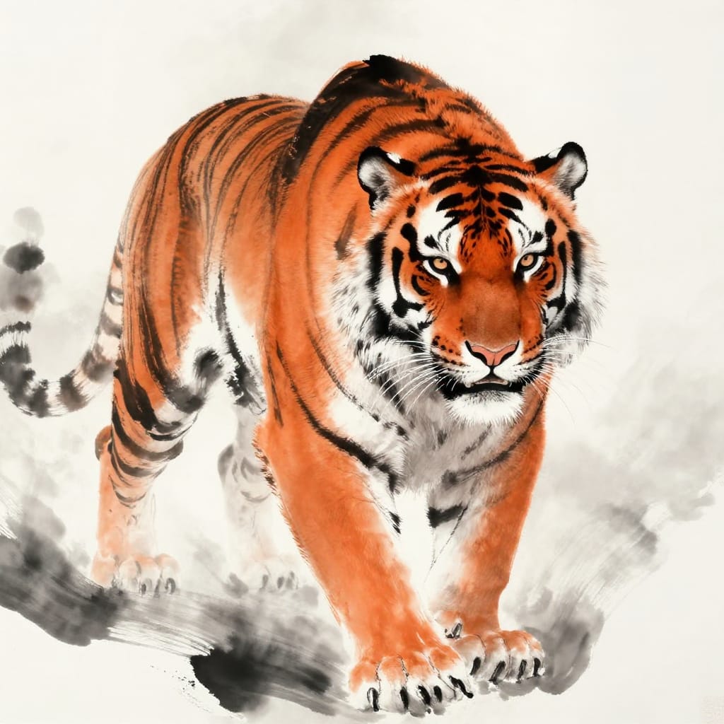 A dynamic and powerful depiction of a tiger in motion, its body angled forward with eyes locked forward, conveying readiness and raw strength. Rendered in traditional Chinese ink and wash on smooth paper, the composition centers the tiger with bold, fluid brushstrokes that emphasize motion and texture. The tiger’s fur is rendered with meticulous detail—each stripe and tuft defined through layered washes of deep orange and white, creating a sense of living vitality. Negative space enhances its presence, framing the figure against a softly graded background that softens focus and amplifies depth. Even lighting bathes the subject in subtle contrast, highlighting the texture of its mane and pelt without harsh shadows. The color palette is limited to rich oranges, deep blacks, and pure whites, evoking the warmth of dawn and the intensity of nature’s force. The overall feeling is one of majestic power and unyielding presence, capturing the tiger’s formidable essence in a moment frozen by time.