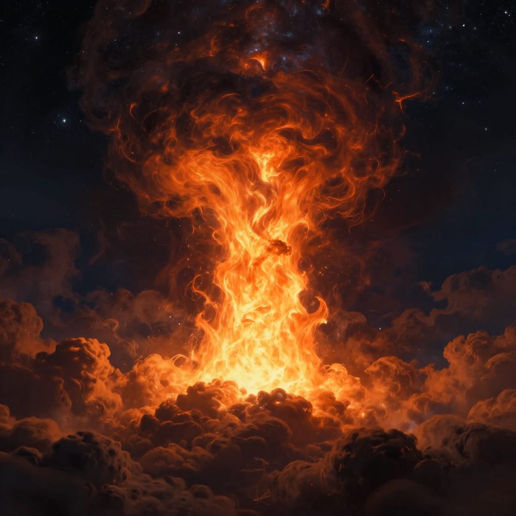 A mesmerizing digital painting of a radiant fiery column piercing through a dense, textured cloud formation, its intense light radiating upward into a star-studded sky. The column, rendered with hyper-detailed brushwork, glows in vivid orange and yellow hues that contrast sharply with the deep charcoal clouds below. The composition centers the column as a luminous focal point, surrounded by swirling, layered clouds that create a sense of depth and movement. The background reveals a dark, inky night sky filled with countless stars, their points of light adding to the surreal atmosphere. The lighting is dramatic and focused, casting strong contrast between the fiery column’s brilliance and the shadowy, textured clouds, while subtle gradients of dark blue and deep brown enrich the sky’s depth. The surface is smooth and clean, with intricate textures in both the clouds’ fabric-like layers and the column’s glowing heat waves. The overall feeling is enigmatic and powerful, evoking a sense of wonder and otherworldly beauty through its fusion of intense light, dark mystery, and celestial grandeur.