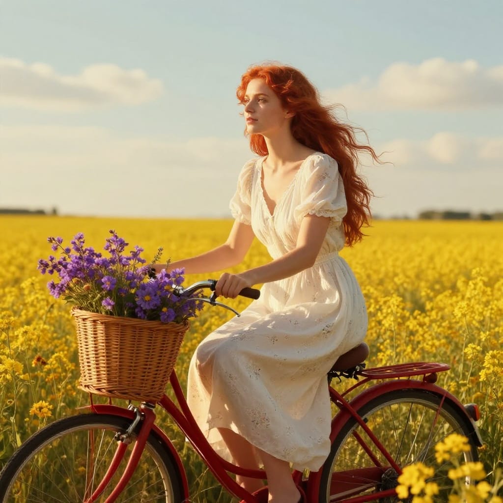 Woman with red hair sits in sunlit field of yellow flowers. Wicker basket holds purple blooms. Flowing white dress with flower designs catches sunlight. Red bike rests nearby. Clear sky with wispy clouds. Vintage filter adds warm, nostalgic glow. Warm colors create peaceful summer feel.