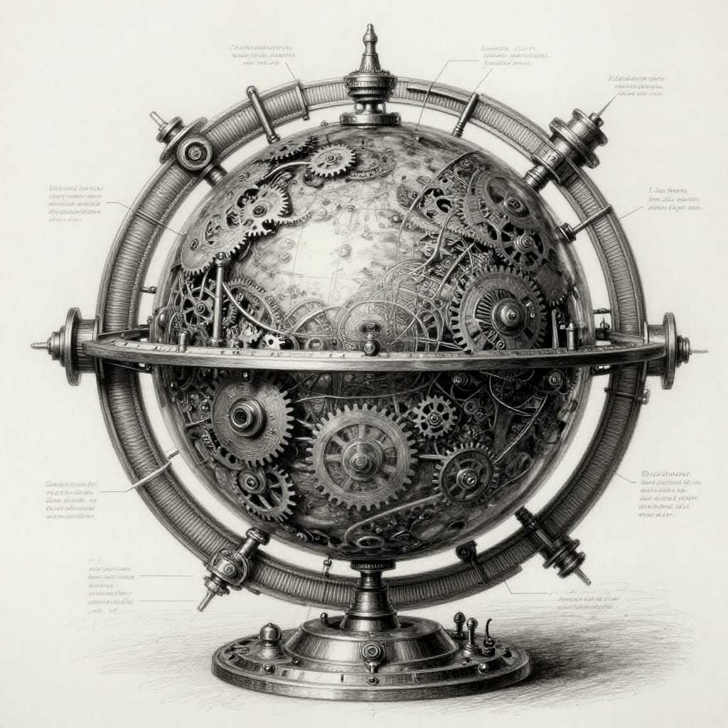 A detailed steampunk globe surrounded by gears, pipes, and brass parts. Monochrome shades highlight intricate linework and annotations. Vintage industrial style shows mechanical complexity with soft shadows and metallic sheens.