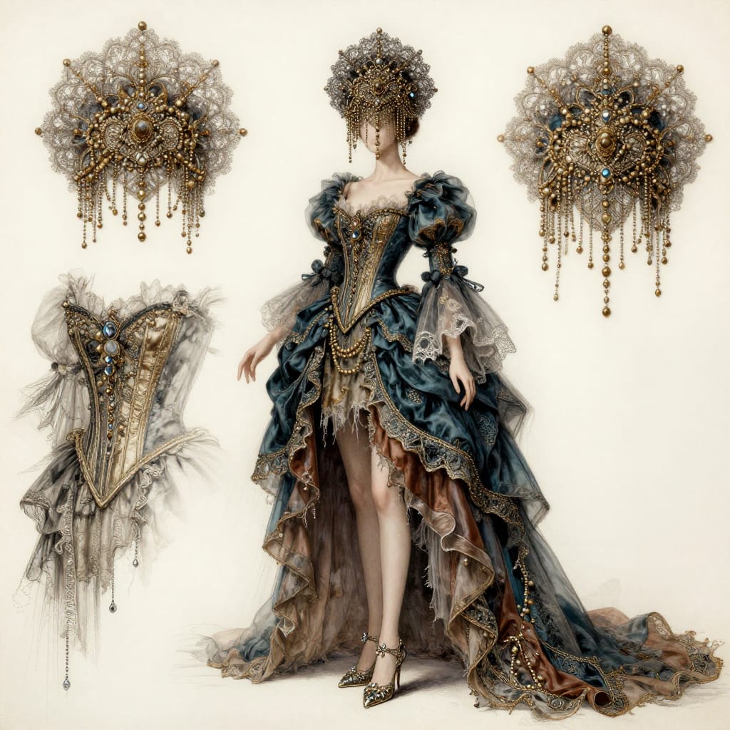 A highly detailed, ornate fashion design for a fantastical character rendered in Victorian Gothic style on archival-quality paper. The subject is a figure adorned with an elaborate headdress featuring a central floral motif of delicate lace and dangling golden beads, layered puffy sleeves with intricate embroidery, a corset-like bodice of gilded satin and tulle, tattered lower fabric of deep teal and brown, and high-heeled shoes with ornate silver straps and tiny crystal accents. The composition divides the image into three distinct sections: a full frontal view of the character’s flowing gown and intricate waistline, a side view emphasizing the layered fabric and corset detail, and close-up shots of the headdress, corset, and shoes. Subtle, even lighting highlights the textures of lace, beads, tattered fabric, and gilded metal, creating soft shadows that enhance depth and dimensionality. The muted color palette features deep blues, teals, and rich golds, accented by brown and white tones to add contrast and warmth. The artwork exudes opulent fantasy and nostalgic elegance through meticulous brushwork that captures every bead, fold, and embellishment with precision. The surface quality of the archival paper adds a tactile, aged texture that enhances the timeless aesthetic of the design.