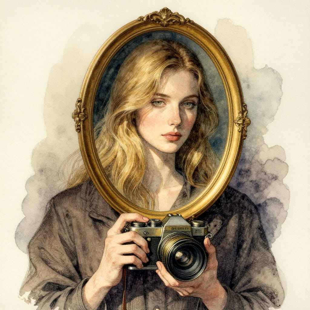 A young woman with long blonde hair holds a vintage camera, her face lit by soft light and dramatic shadows. Textured paper shows ink and watercolor details. A golden-framed mirror reflects her calm, focused expression. Earthy tones and warm lights create a quiet, introspective mood.