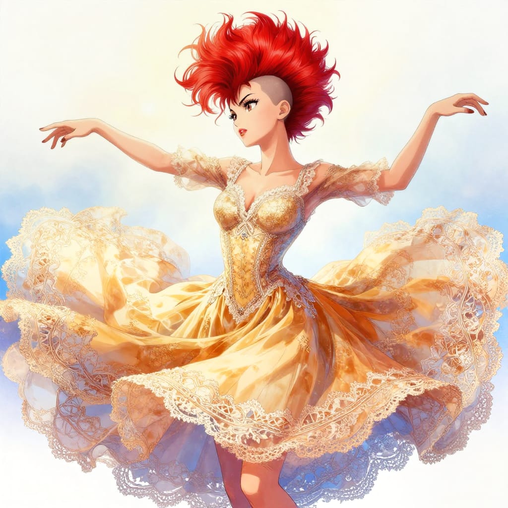 Anime-style shot of a 25-year-old Italian woman with a Mohawk twirling in a flowing lace gown. Soft lighting highlights her hair and dress, creating warm shadows. Vibrant colors and smooth gradients add depth. Energetic and lively atmosphere.