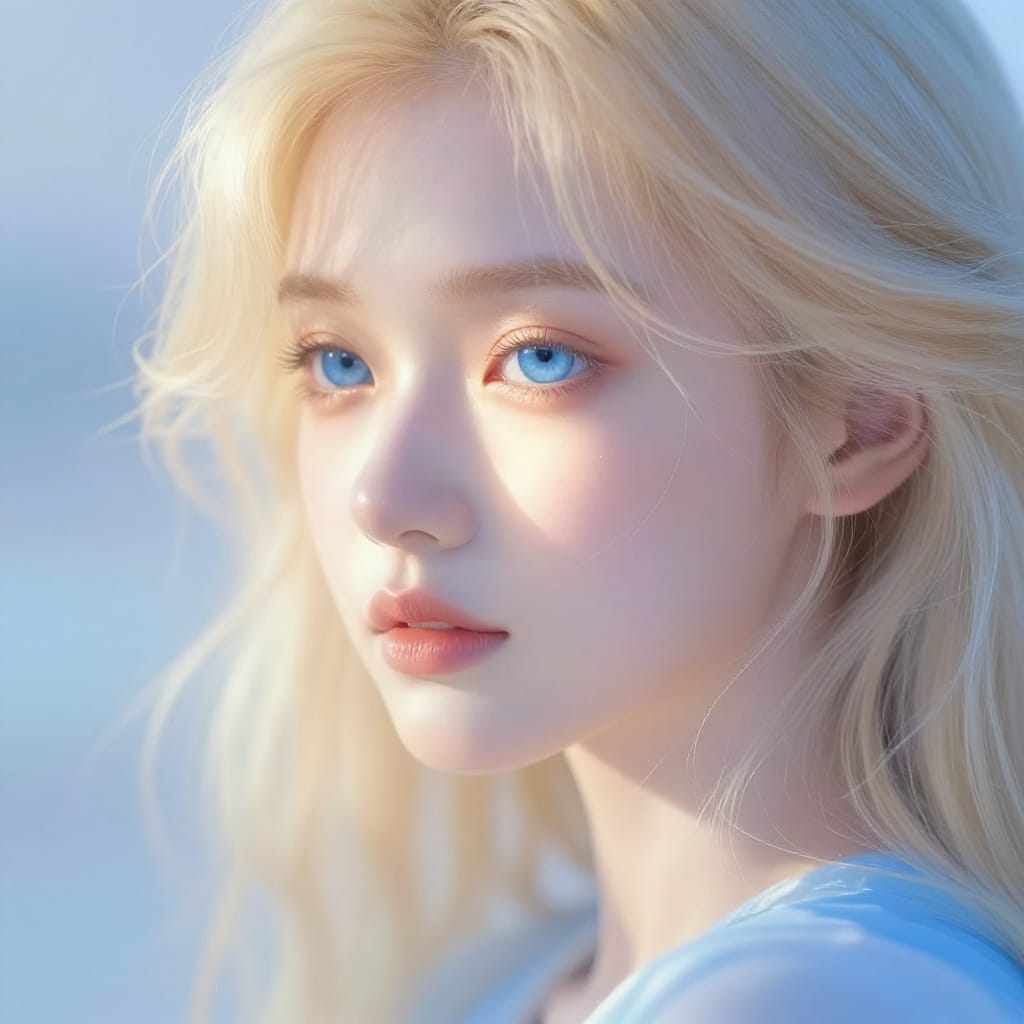 A serene close-up portrait of a person with blonde hair and striking blue eyes, rendered in modern digital illustration with a focus on soft lighting and intricate hair detail. The subject’s face is illuminated by gentle, diffused light that highlights subtle highlights on their cheekbones and forehead, creating a luminous, ethereal glow. Their hair, finely detailed with individual strands and soft texture, cascades around a light blue garment that blends seamlessly into the scene. The composition is tightly framed, with a softly blurred background of pastel hues and gentle gradients that draw focus to the subject’s calm expression and delicate features. The surface is smooth and glossy, enhancing the luminosity of the light and giving the image a polished, dreamlike quality. A warm golden highlight on the subject’s face contrasts with the cool blue tones of their hair and clothing, creating a harmonious balance of softness and depth. The overall feeling is peaceful and dreamlike, evoking a sense of quiet contemplation and inner calm.