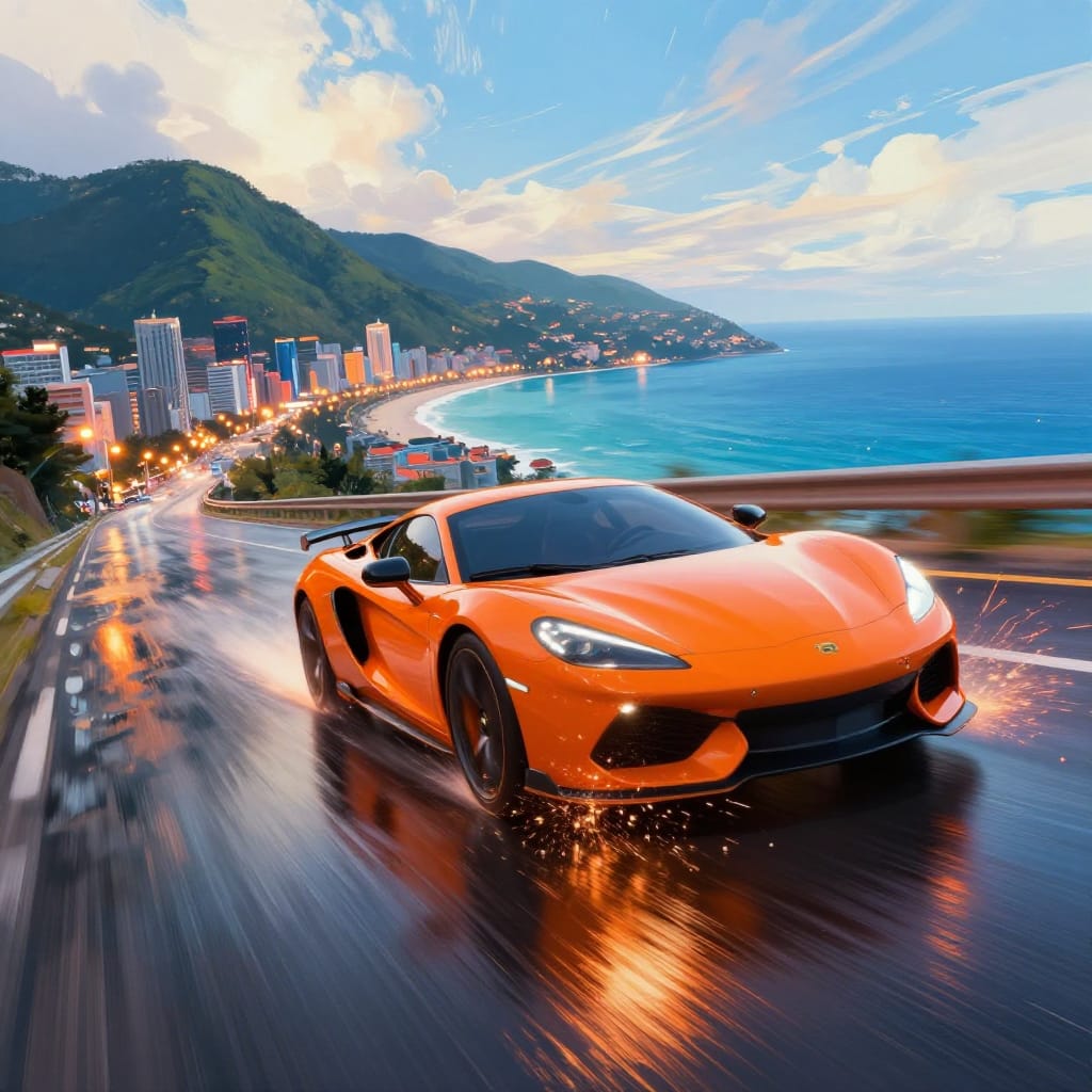 A bright orange sports car speeds down a wet coastal road under a brilliant sky, emitting sparks. The road reflects light, glistening with ripples. In the distance, city lights and mountains rise beside a calm ocean. Vibrant colors and sharp details create a dynamic, colorful scene.