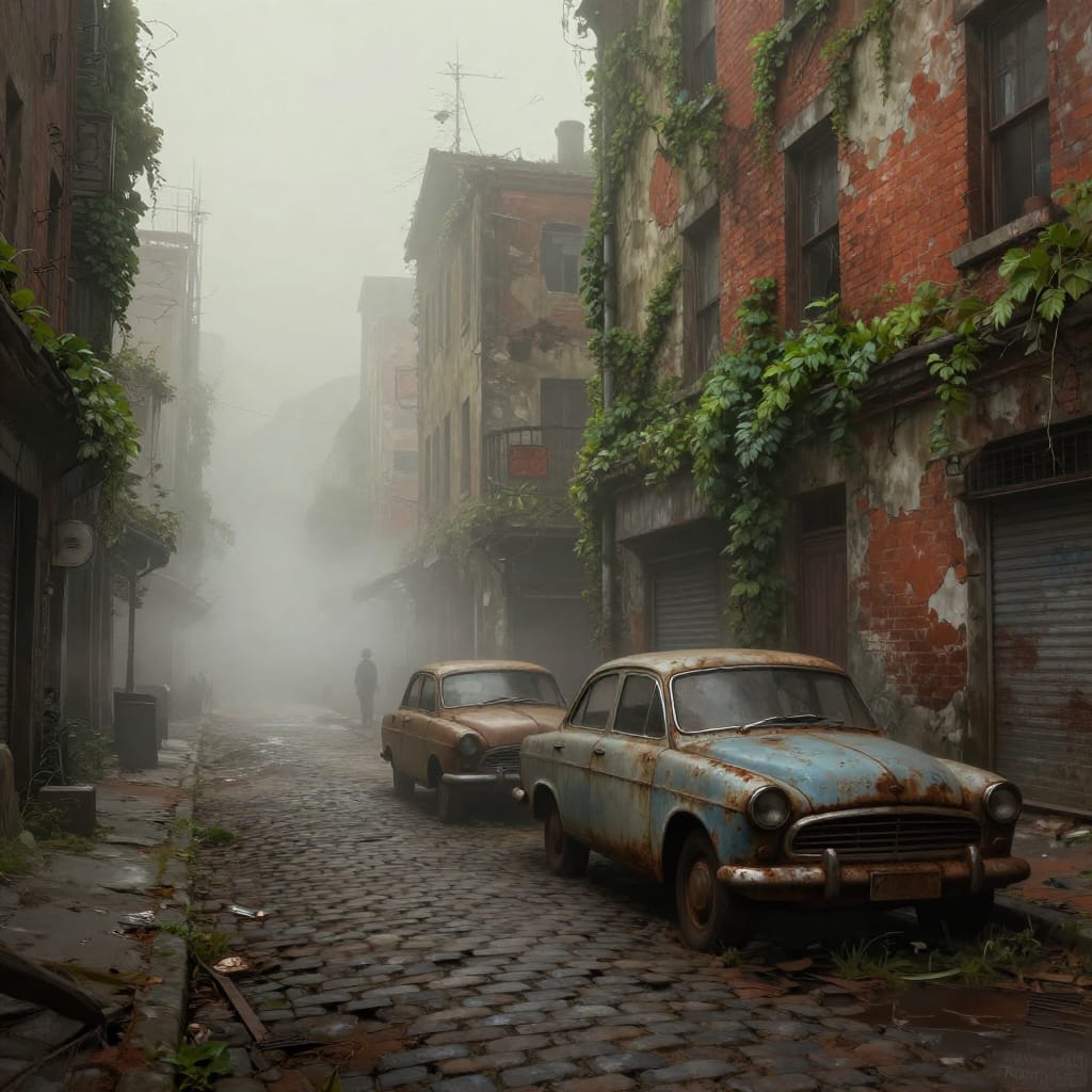 A foggy urban street in decay, two rusted cars stand amid ivy-covered buildings. A lone figure looms under muted light, silhouetted against a distant haze. The scene feels quiet, melancholic, and worn.