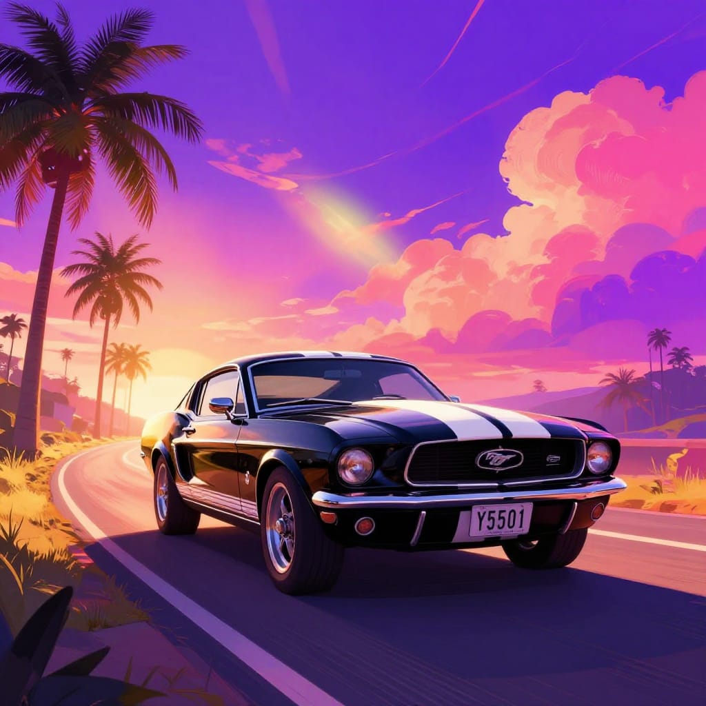A classic black Ford Mustang with bold white stripes and 'Y5501' license plate races down a sunlit road under dramatic purple and pink clouds. Retro futurism blends with vivid pop art colors and textures, creating a dreamy, cinematic scene.