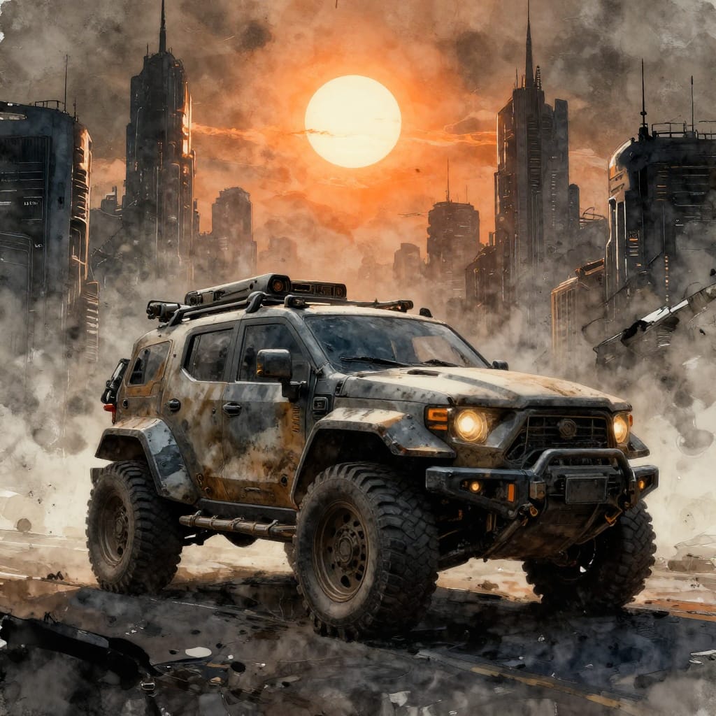 A rugged futuristic SUV dominates a cyberpunk post-apocalyptic scene. Rendered in watercolor texture with digital precision, it sits beneath towering skyscrapers under a glowing sun. The warm orange light highlights its weathered metal, while muted earth tones contrast with the luminous sky. The composition centers the vehicle, drawing attention to its rugged form against a vast, majestic horizon.