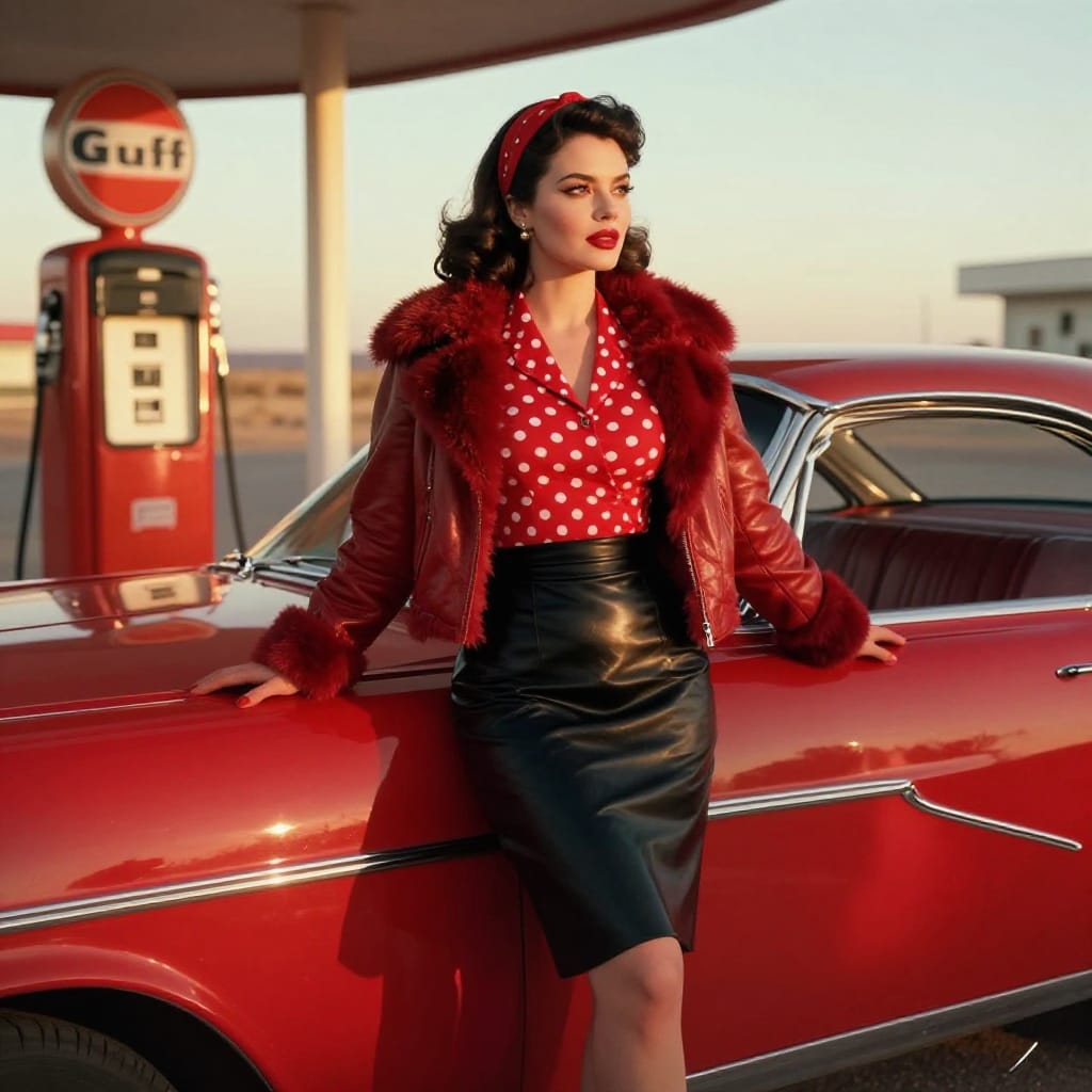 A woman in a red polka-dot top and leather jacket poses confidently against a classic red car at a retro gas station. The scene is bathed in warm golden light, highlighting rich textures and vintage details. The composition balances her regal stance with the car and desert backdrop, creating a glamorous, nostalgic 1950s atmosphere.