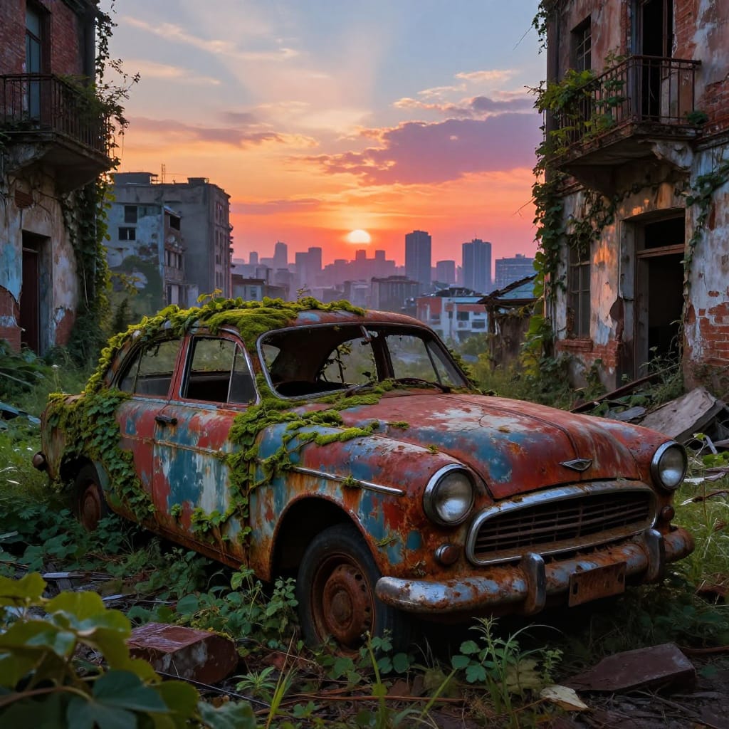 A vintage car covered in vines and moss sits in rubble under a golden sunset. Decaying buildings and a distant skyline frame the scene, blending rich colors of rust, green, and earthy tones in a quiet, timeless balance of nature reclaiming the city.