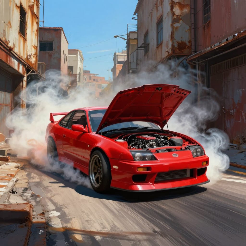 A bright red Nissan 200SX drifts through a narrow alley under clear blue sky, emitting thick smoke from its rear tires. The car, centered in sharp focus, contrasts with weathered buildings and warm sunlight that highlights its glossy finish and gritty textures. The scene captures the thrill of street racing amid urban decay.