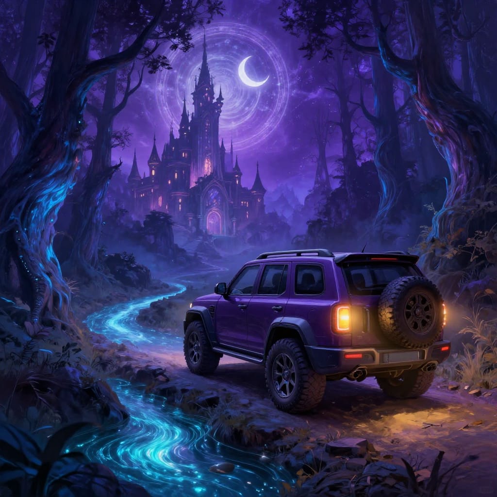 A dark purple SUV with large tires and a rear spoiler drives through a mystical forest. Bioluminescent trees glow under a night sky, casting light on a luminous castle, a glowing celestial ring, and a crescent moon. The scene blends fantasy and adventure with cool blues and warm highlights.